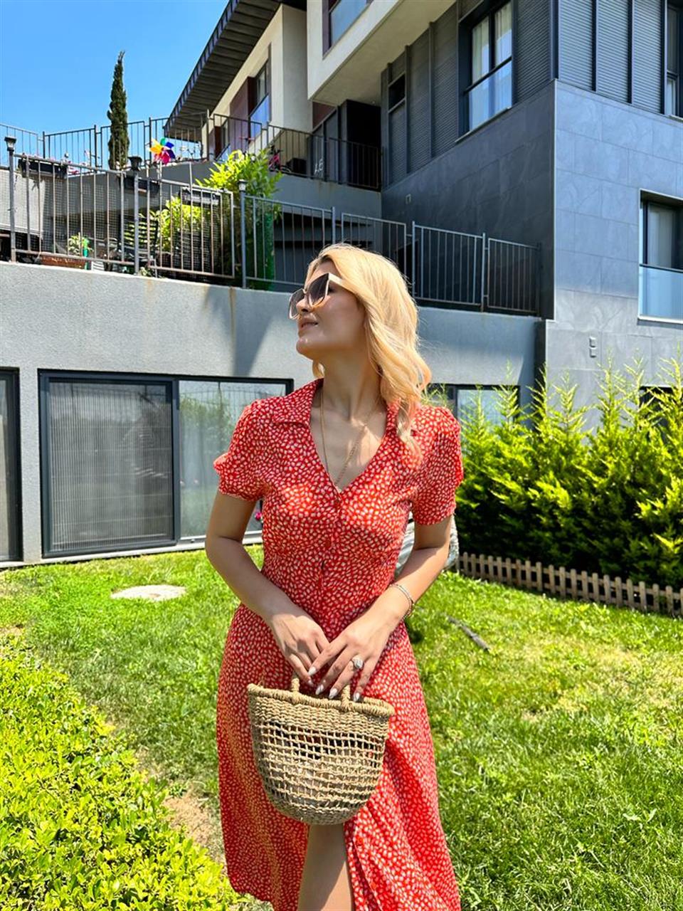 Çıtır Desen Gömlek Elbise Kırmızı 0806266