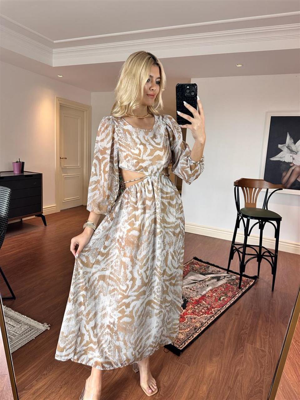 Çöl Desen Sırt Dekolteli İthal Elbise 0206256