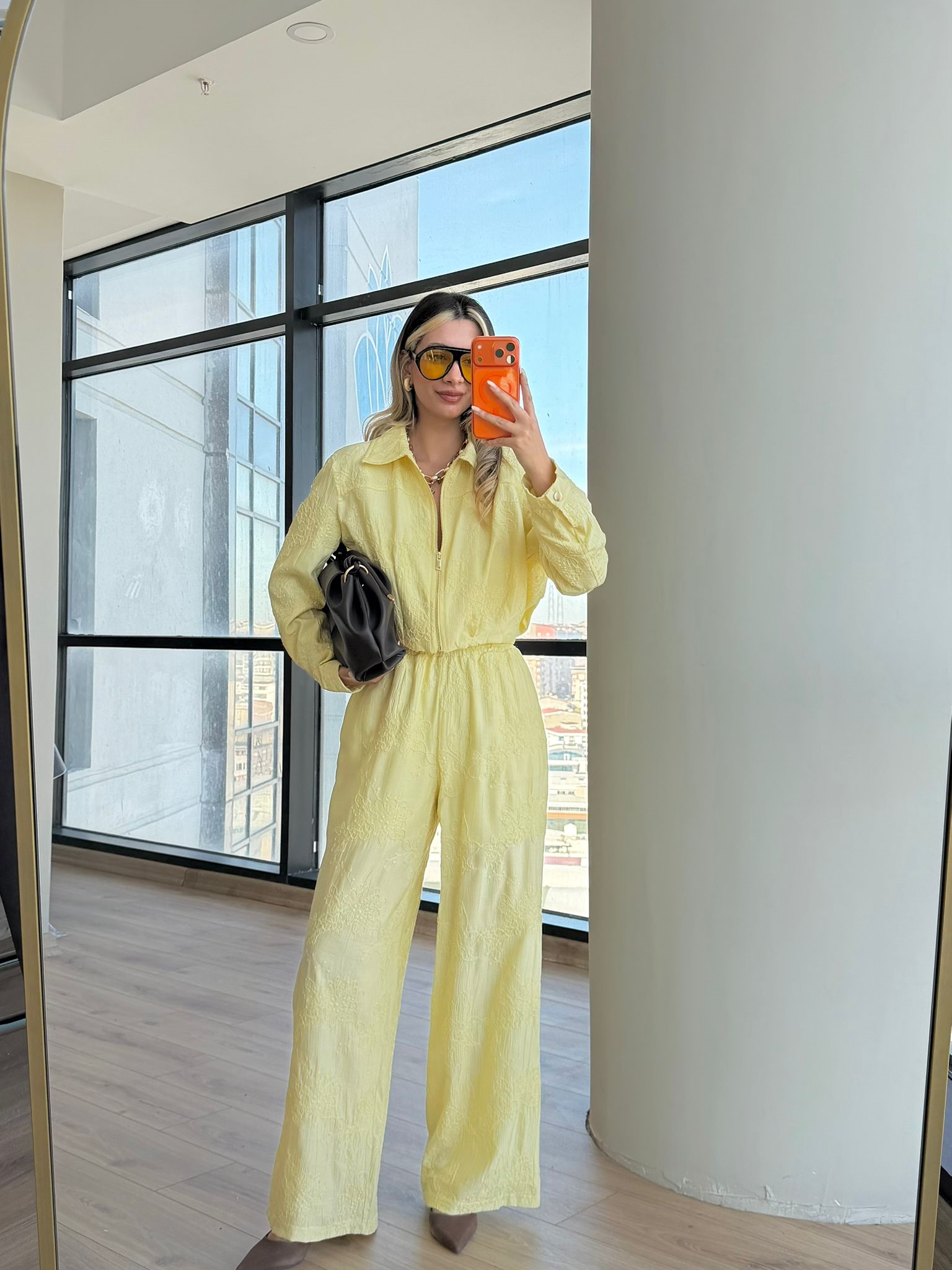 Gira Dokulu Fermuarlı Ceket Pantolon Takım Sarı