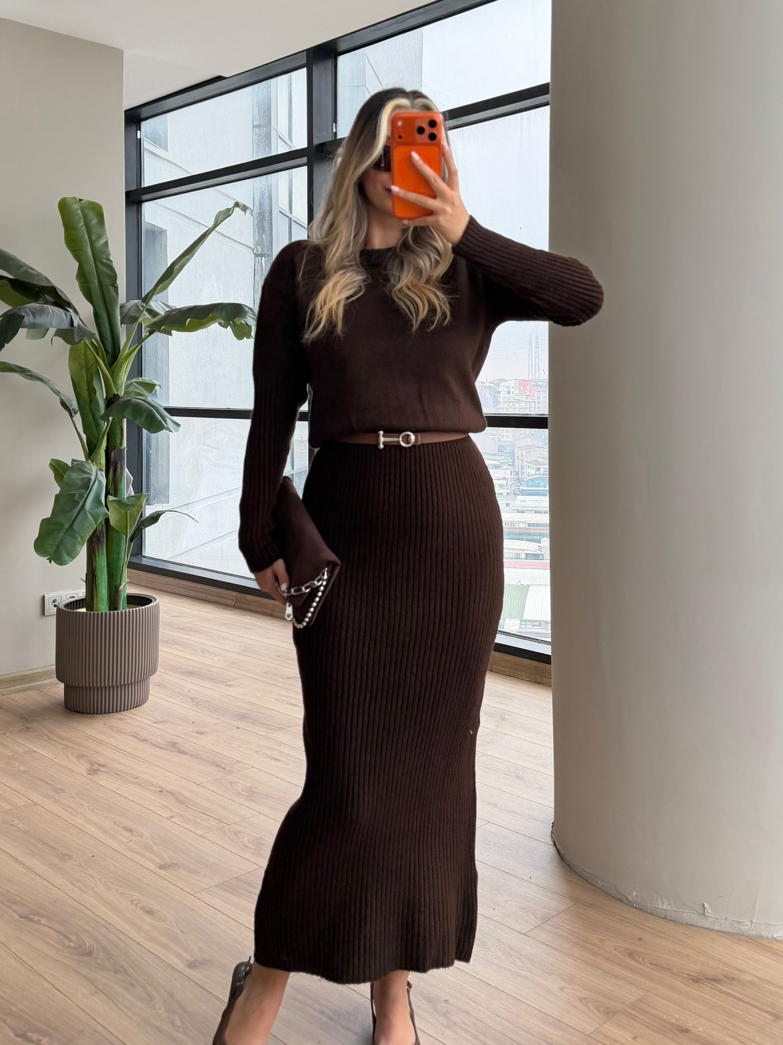 Firo Kemerli Triko Elbise Kahverengi