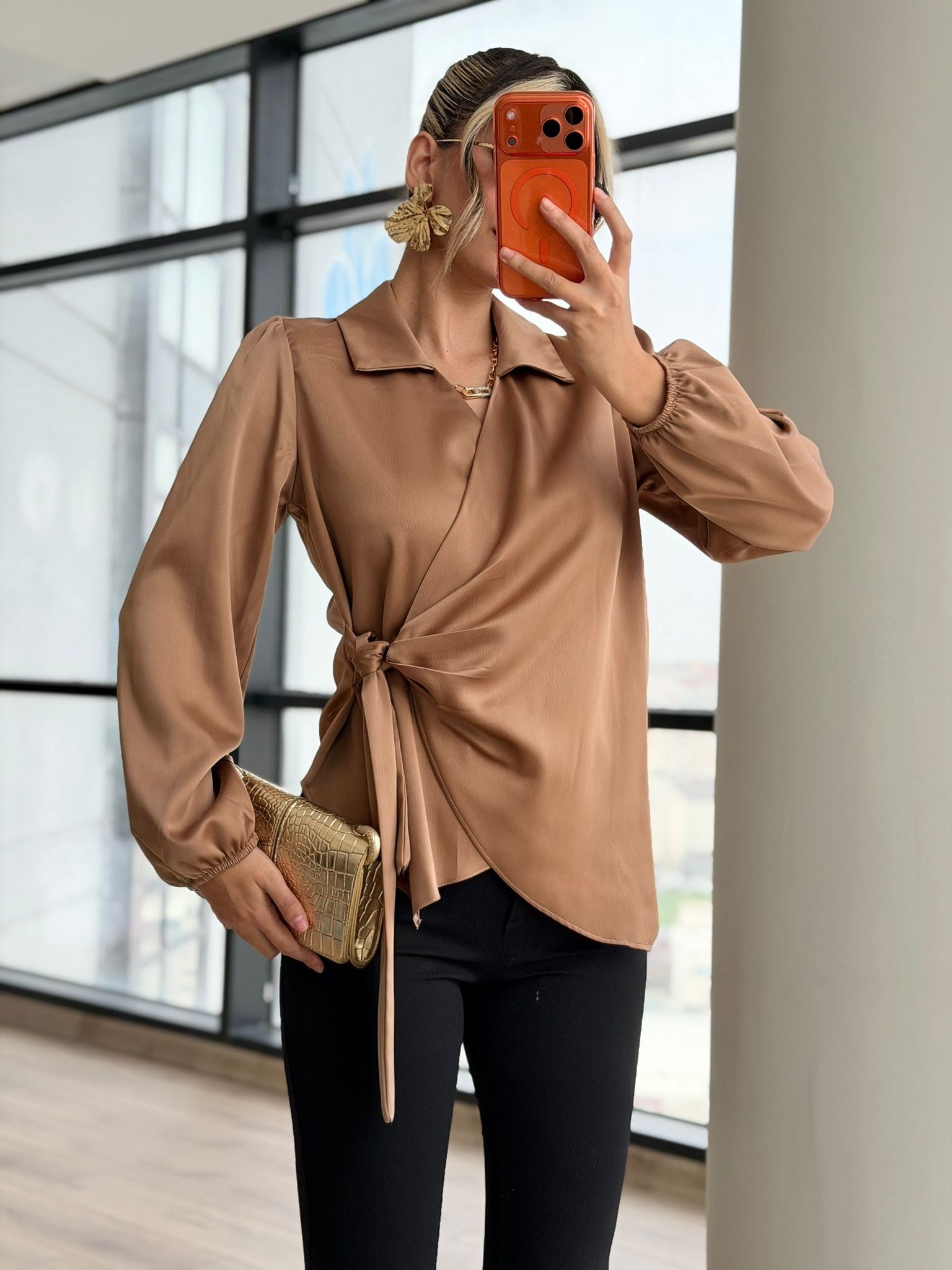 Yeni Sezon Kruvaze Saten Bluz Camel