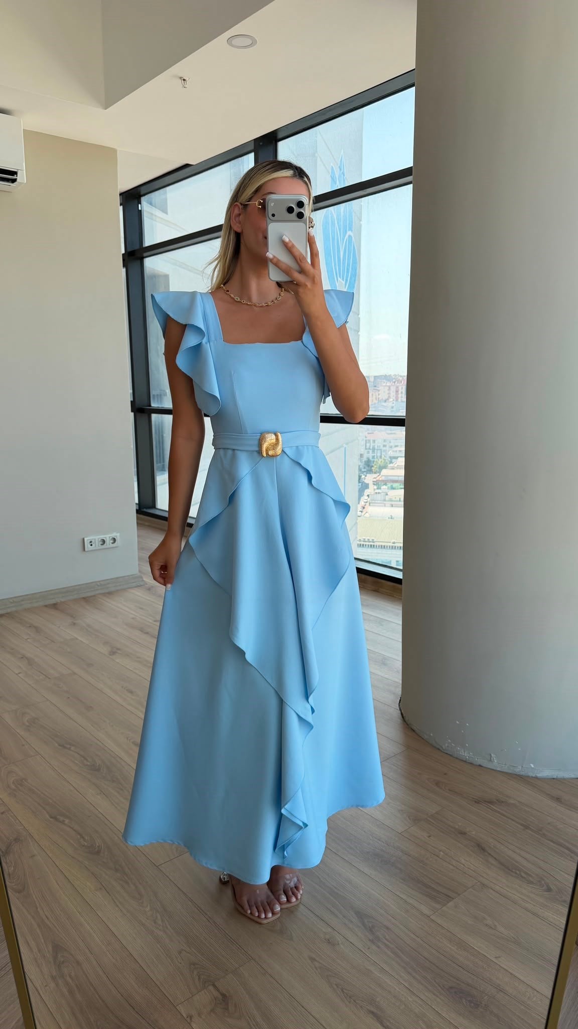 Fırfır Kol Samina Tokalı Elbise Mavi