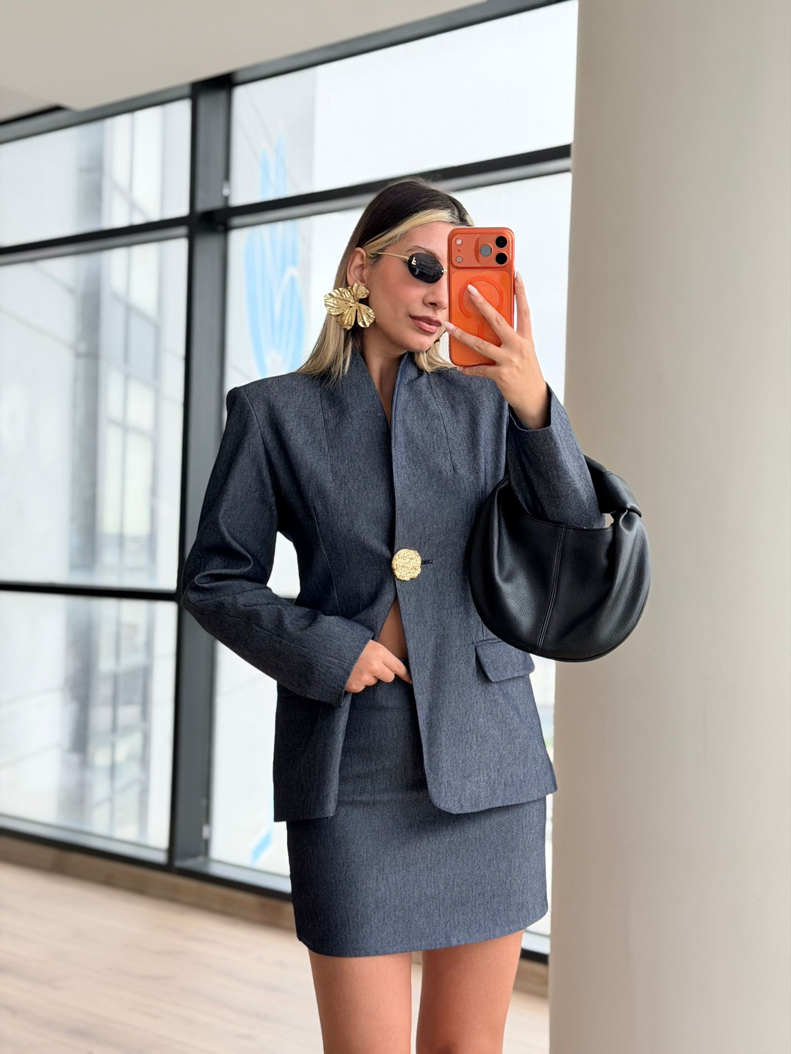 Hakim Yaka Denim Kumaş Tasarım Blazer Ceket Etek Takım
