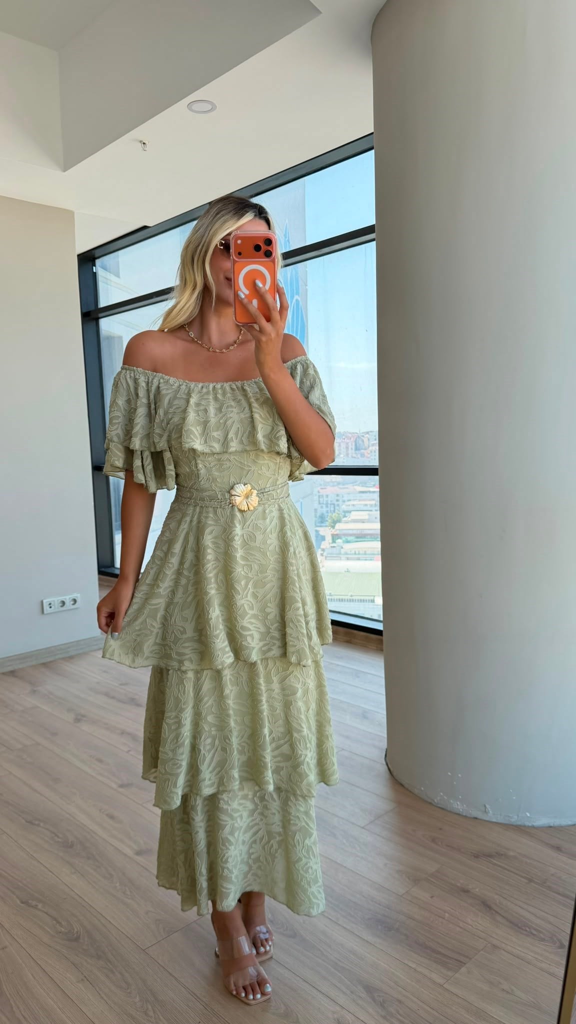 Madonna Katlı Brode Kadın Elbise-Yeşil