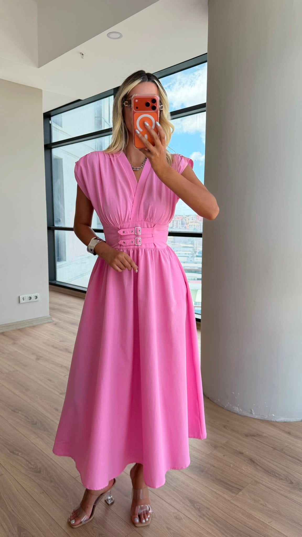 Çift Kemerli Poplin Elbise Pembe