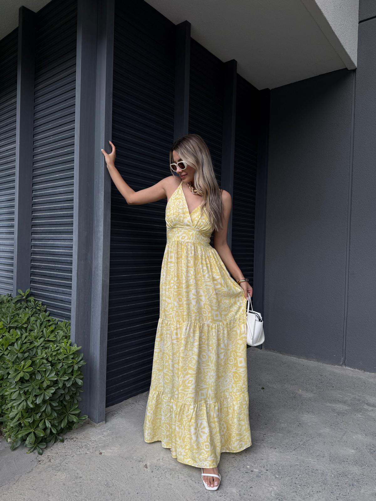 İp Askılı Bernorda Şal Desen Elbise Sarı