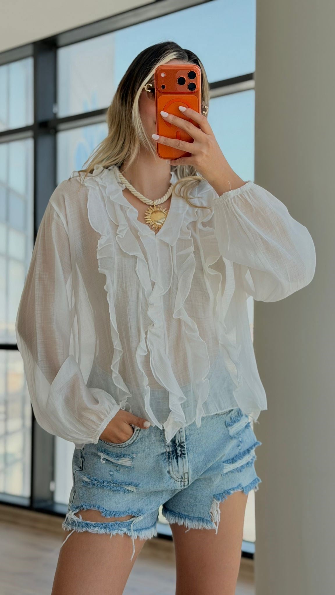 Transparan Fırfırlı Bluz Beyaz