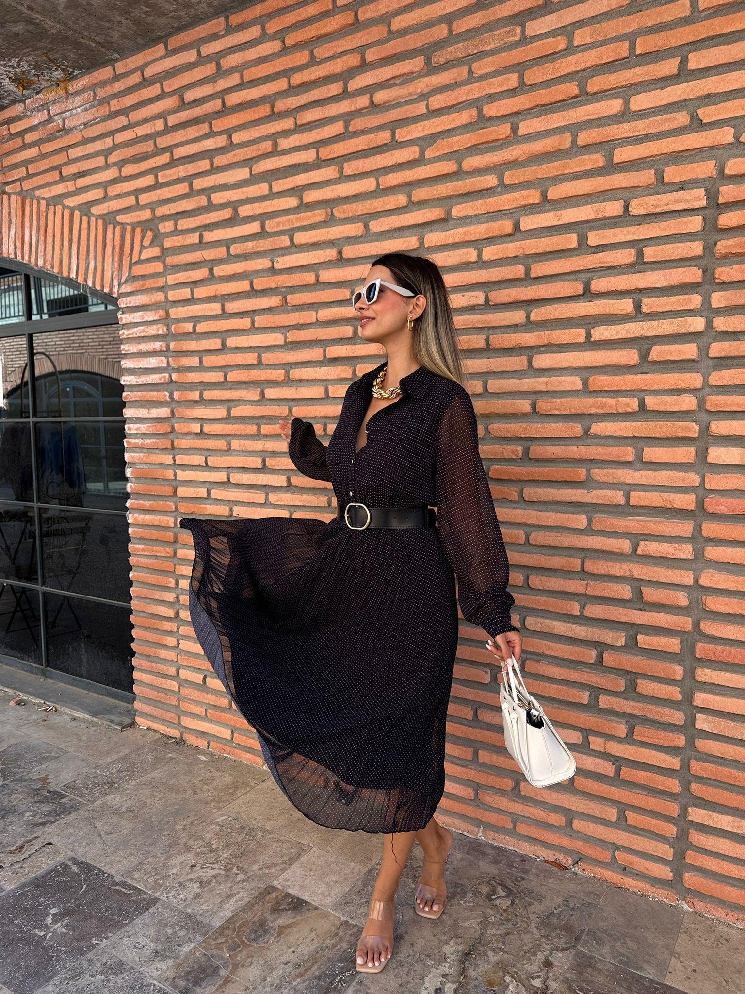 Dante Kemerli Puantiyeli Şifon Elbise Siyah 070621211