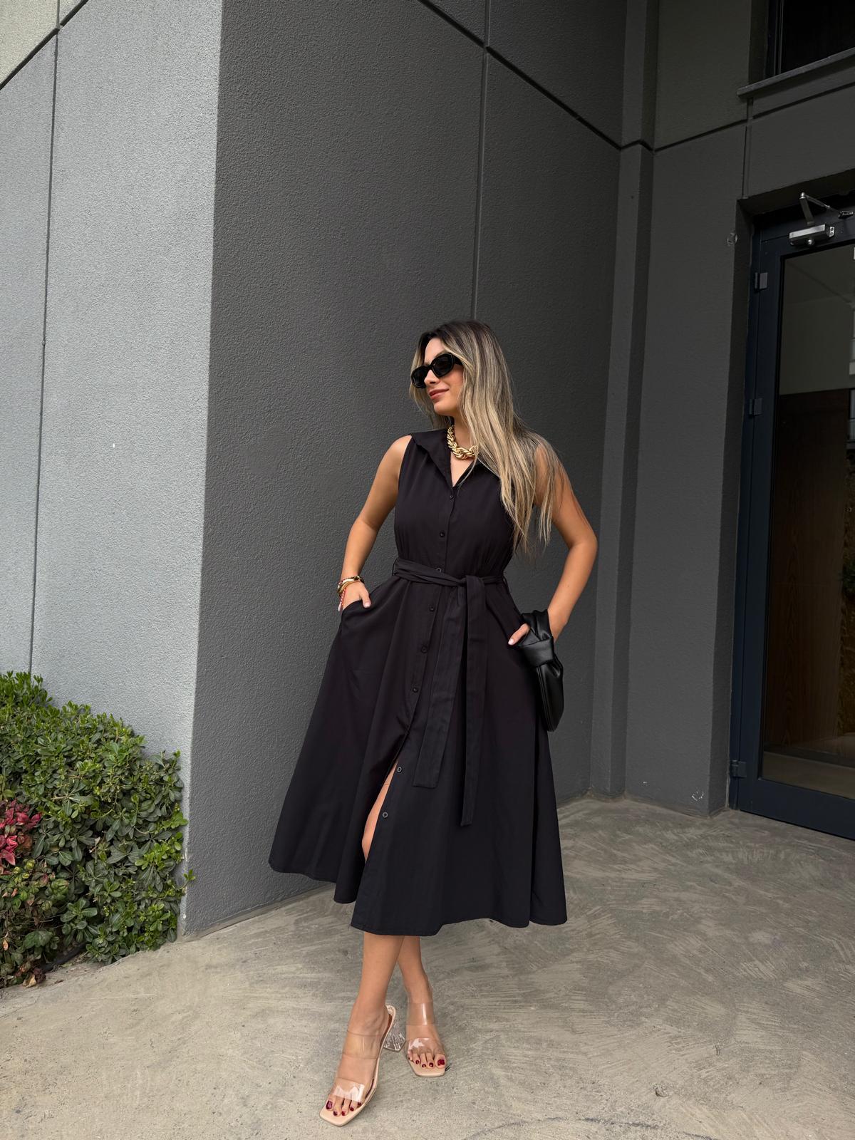 Denizci Yaka Düğmeli Elbise Siyahyelb3020crm