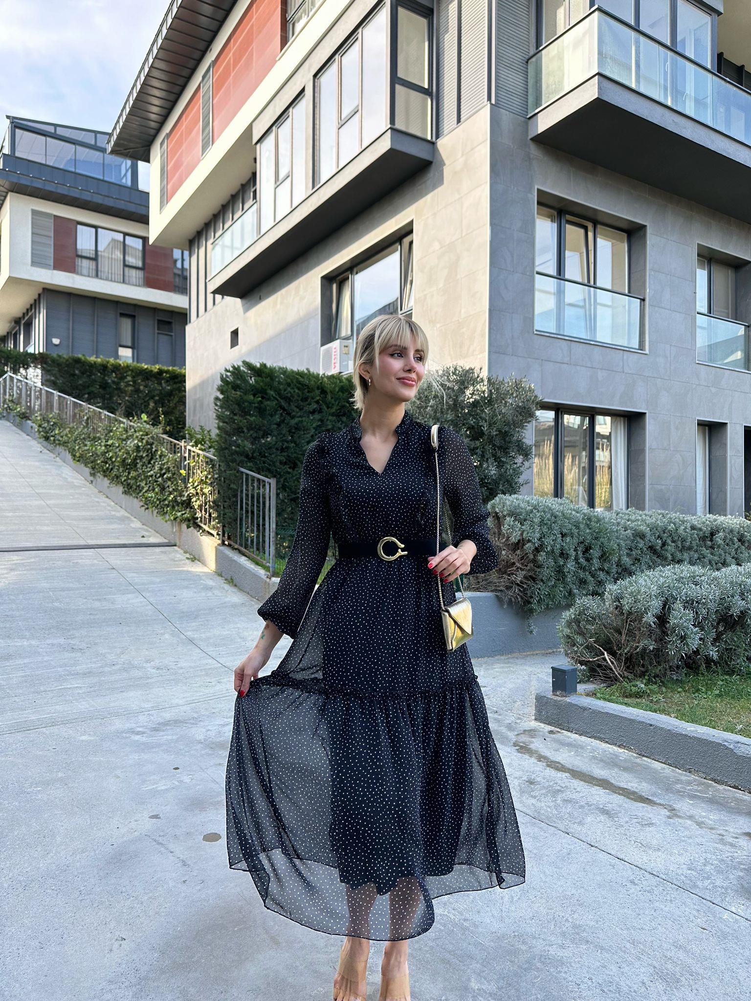 Denna Astarlı Kemerli Puantiyeli Şifon Elbise 17074551