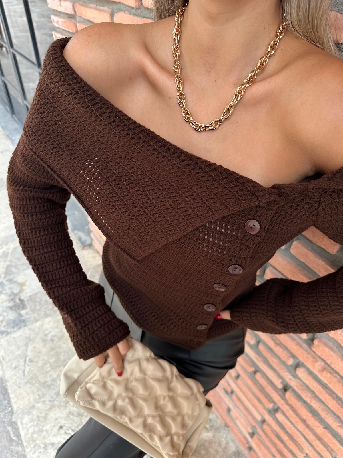 Dökük Yaka Triko Bluz Kahve kzk1028rvd