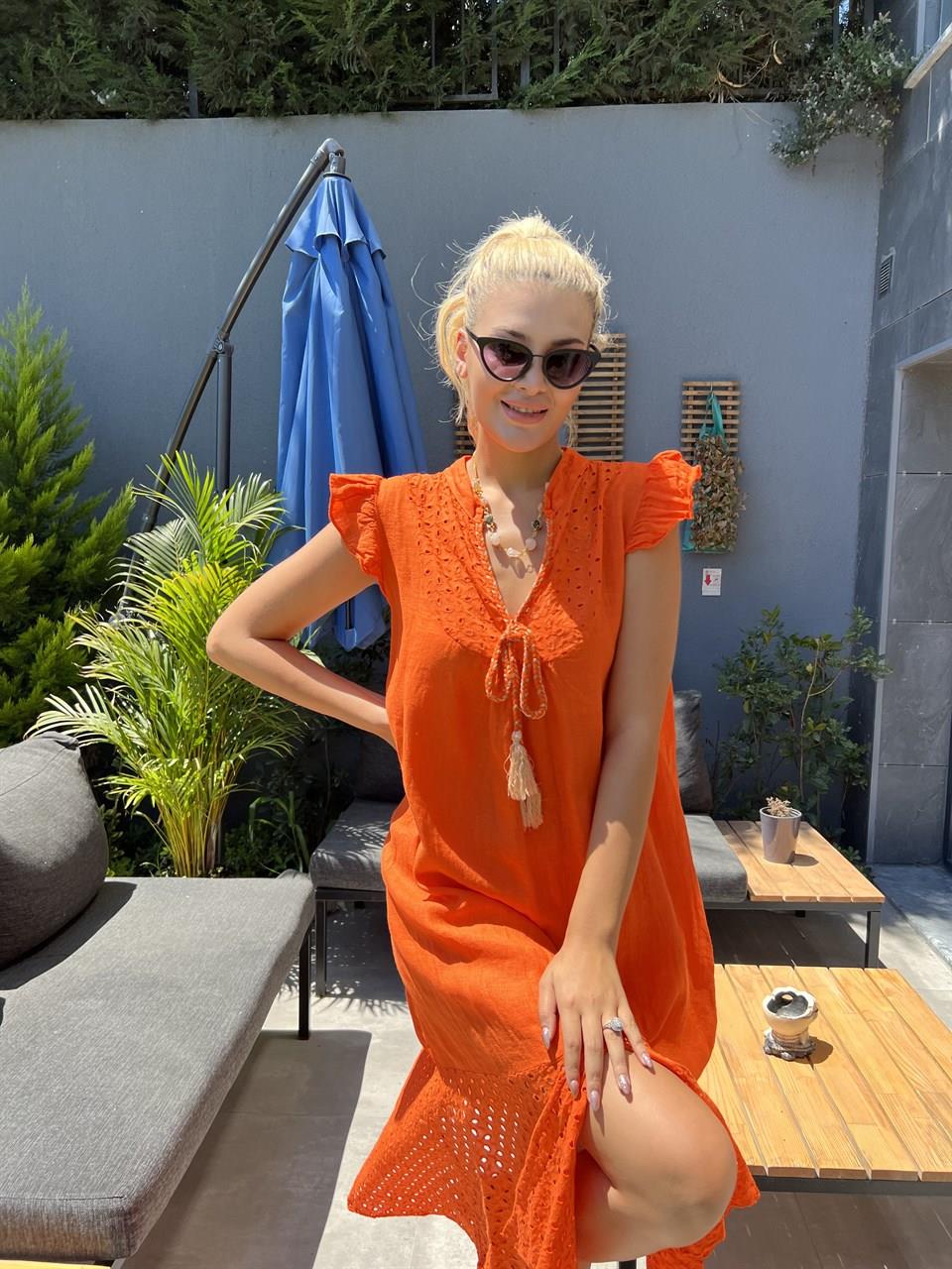 Dolly Turuncu Keten Elbise