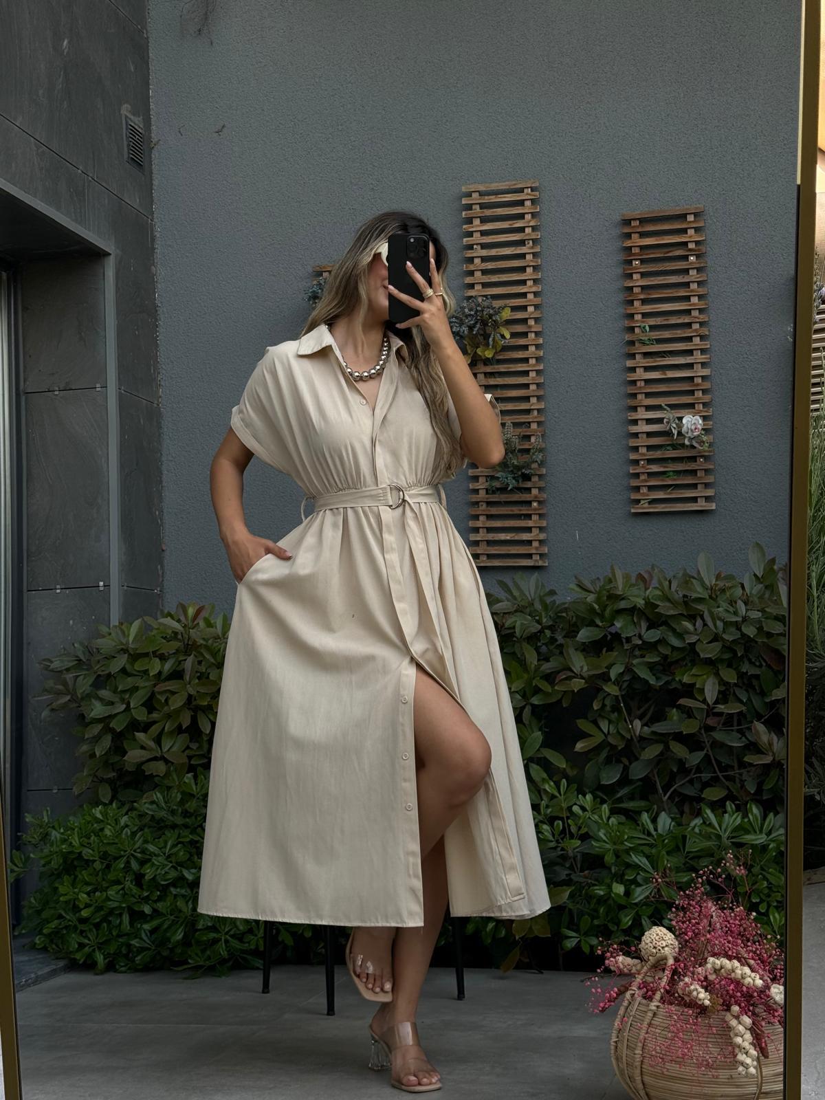 Doroti Poplin Kumaş Kuşaklı Gömlek Elbise Yeşil07062106