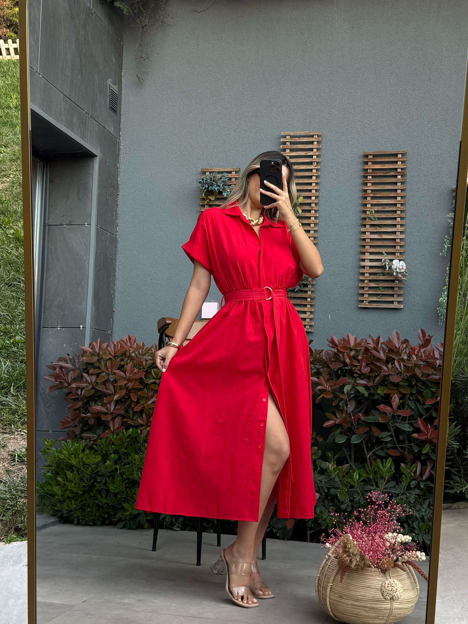 Doroti Poplin Kumaş Kuşaklı Gömlek Elbise Kırmızı07062106