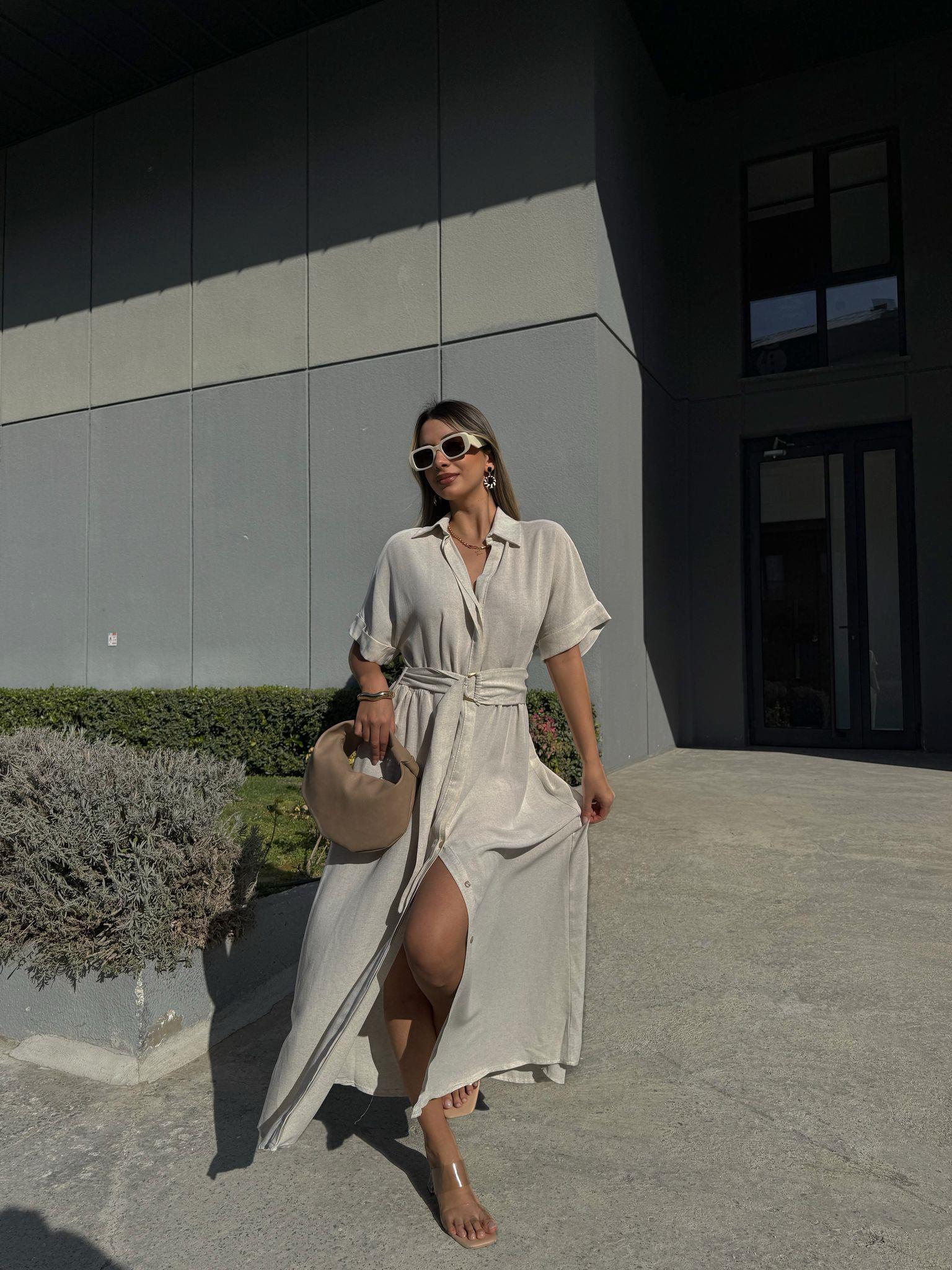 Double Kol Keten Kuşaklı Gömlek Elbise Taş yelb2223V10