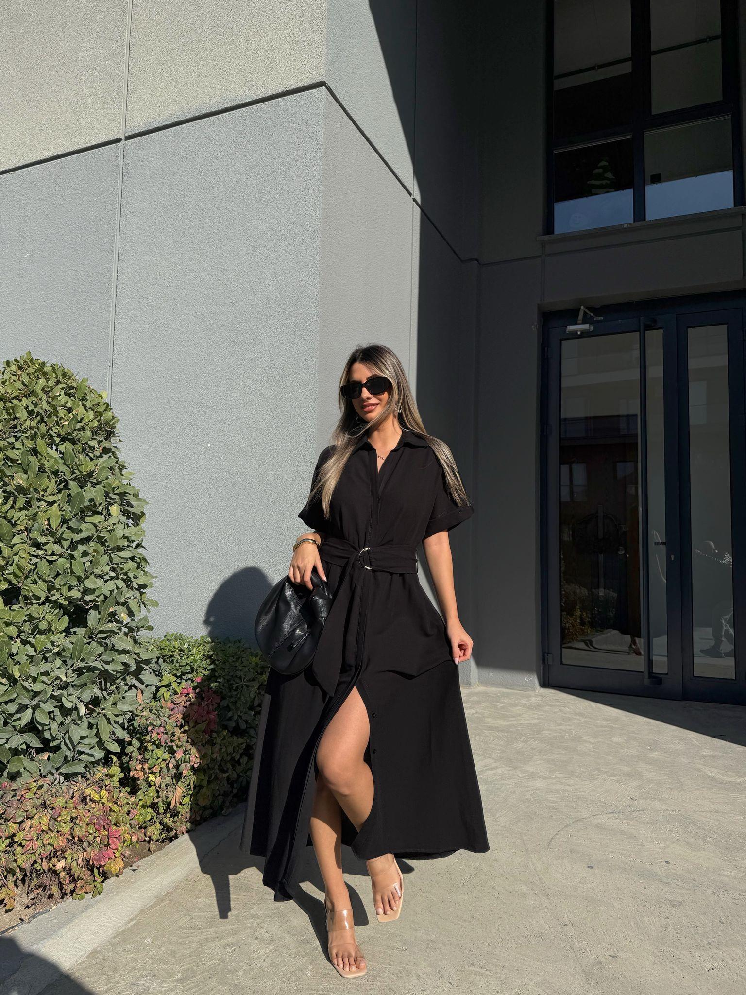 Double Kol Keten Kuşaklı Gömlek Elbise Siyah yelb2223V10