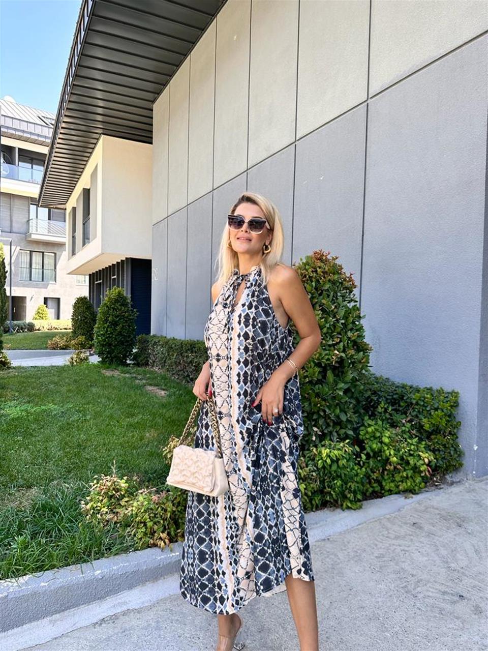 Dubai Boyun Bağlamalı Desenli Elbise 1707328