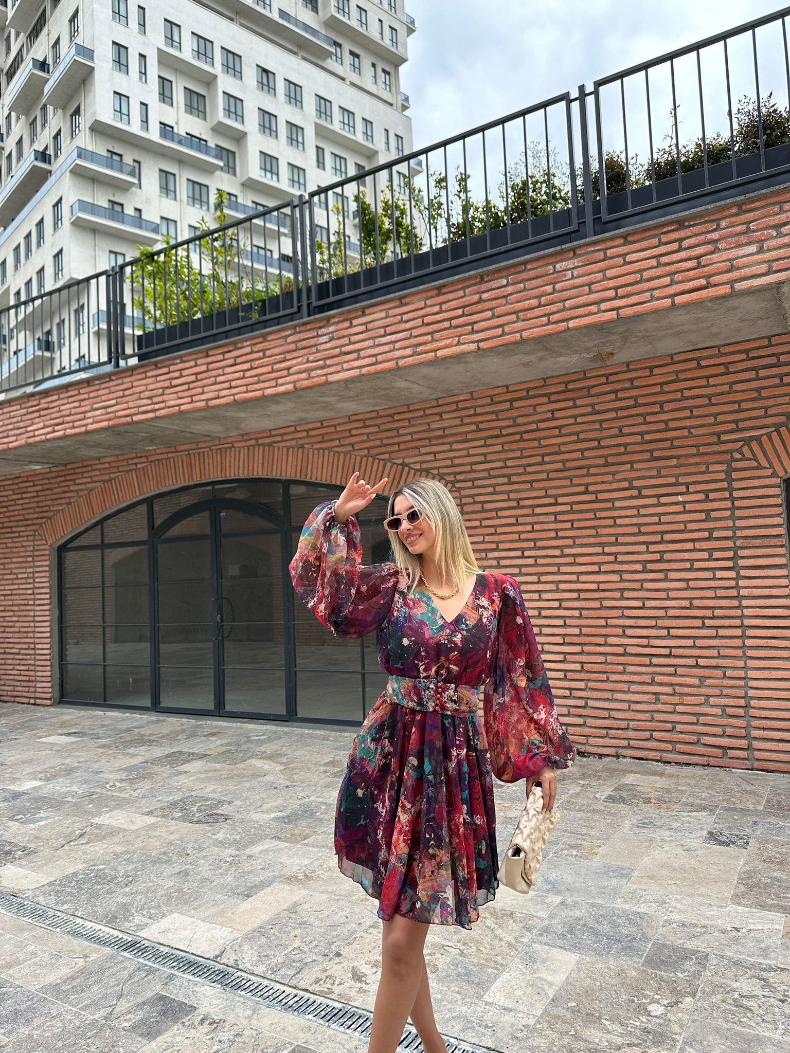 Düğme Kemerli Renkli Çiçekli Şifon Elbise  17074539