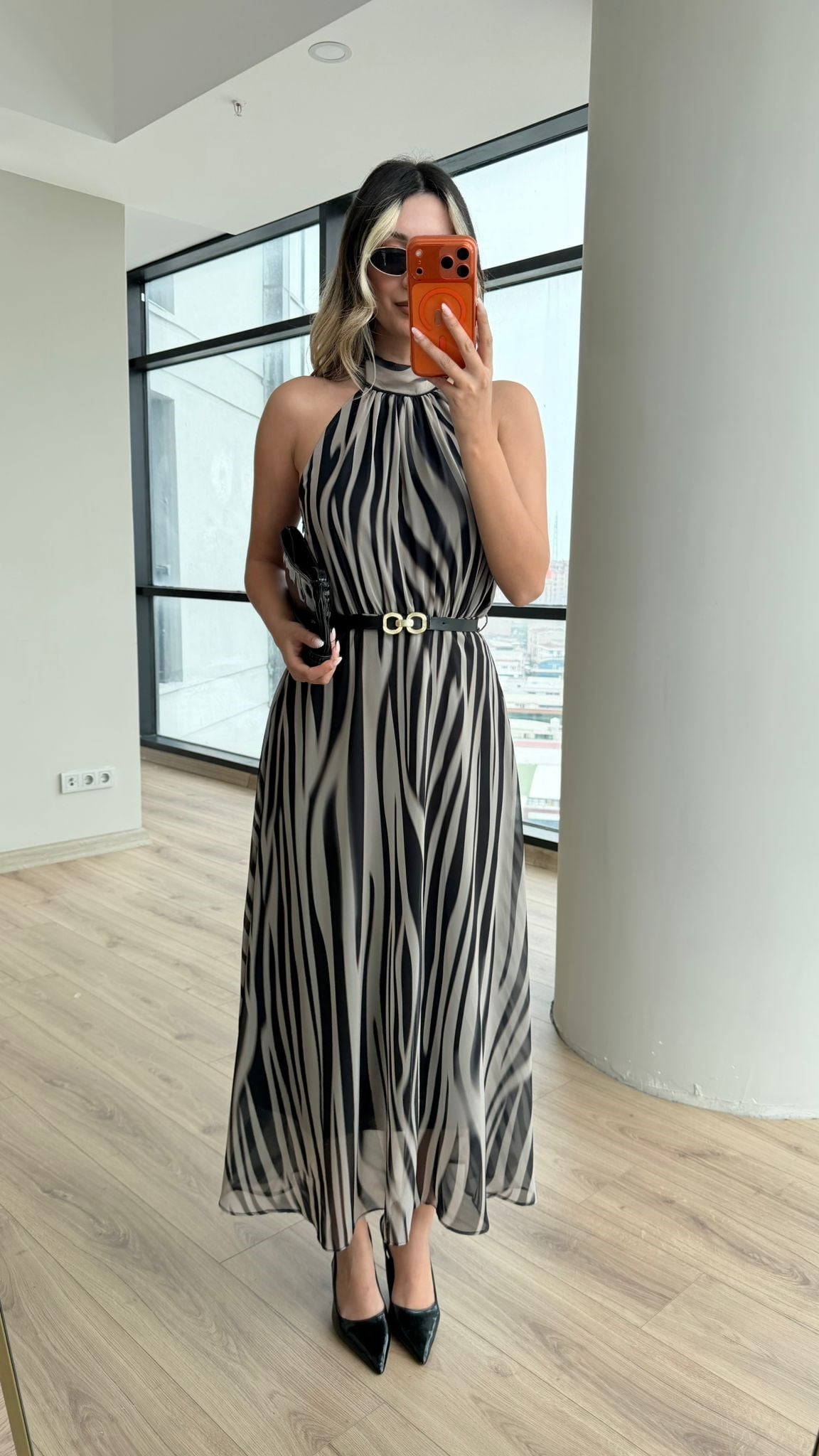 Zebra Desenli Şifon Kuşaklı Elbise