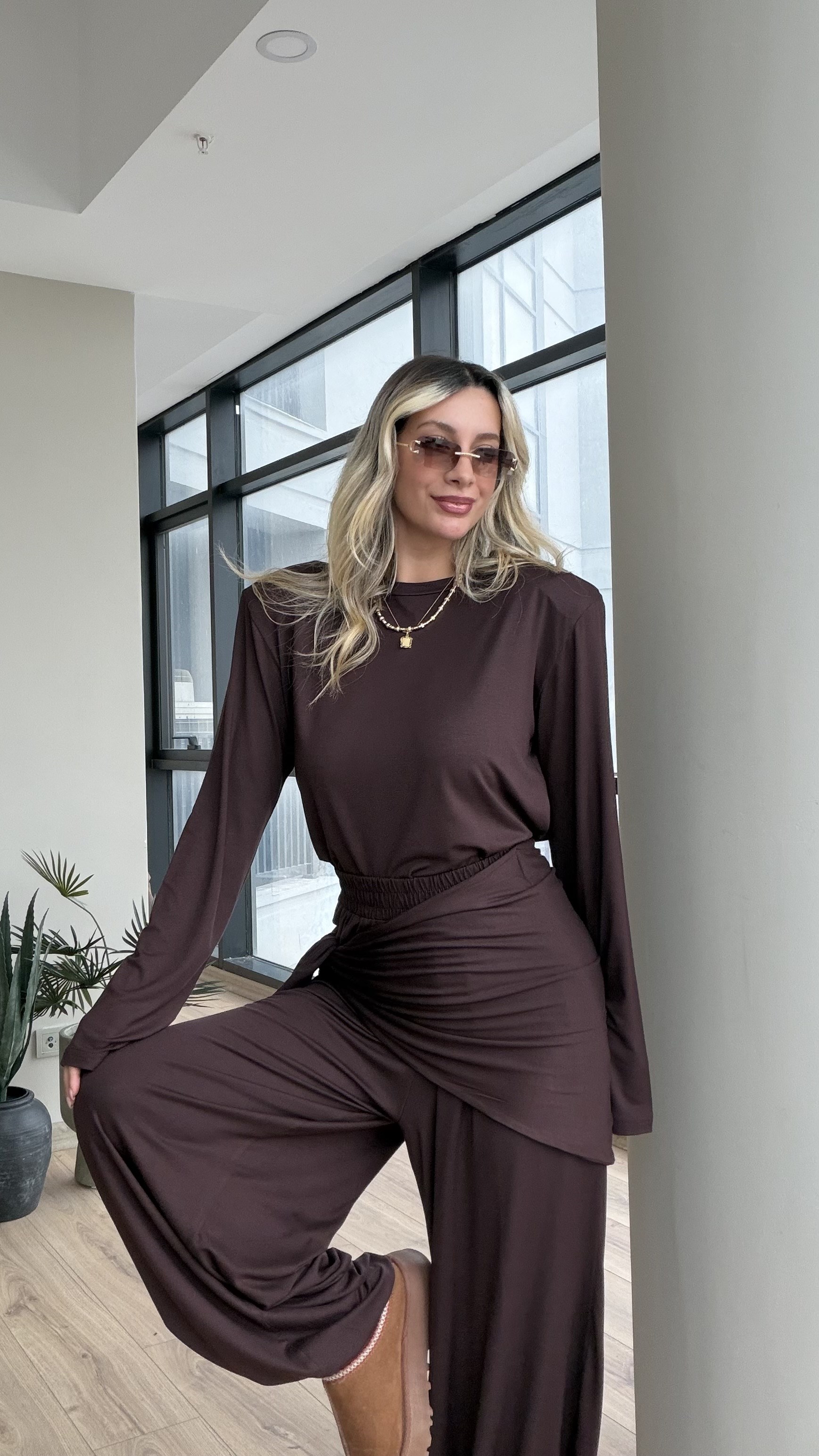 Şal Detay Vatkalı Casual Kahve Takım