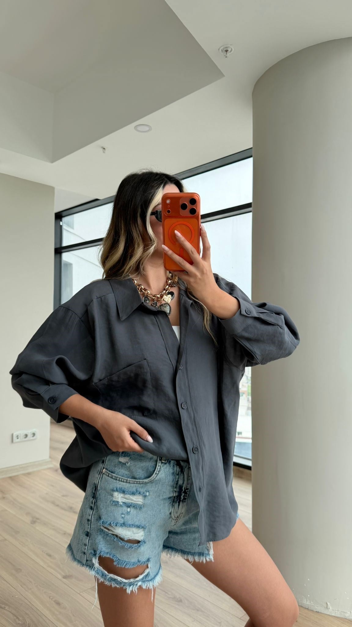 Premium Düşük Omuzlu Oversize Gömlek Antrasit