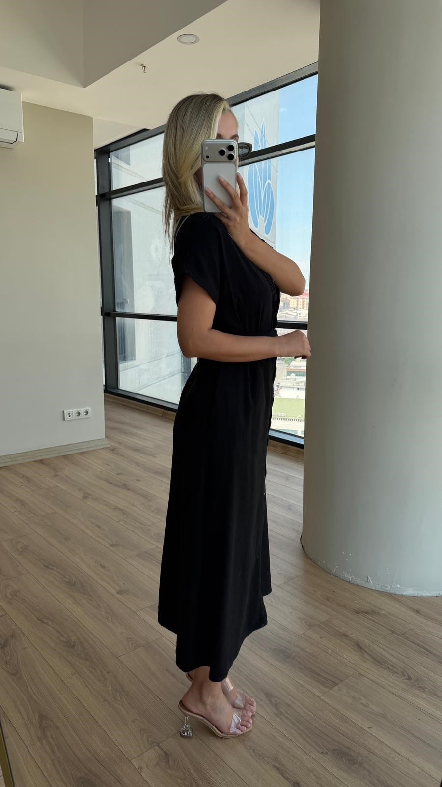 Misha Piliseli Kemerli Midi Gömlek Elbise Siyah