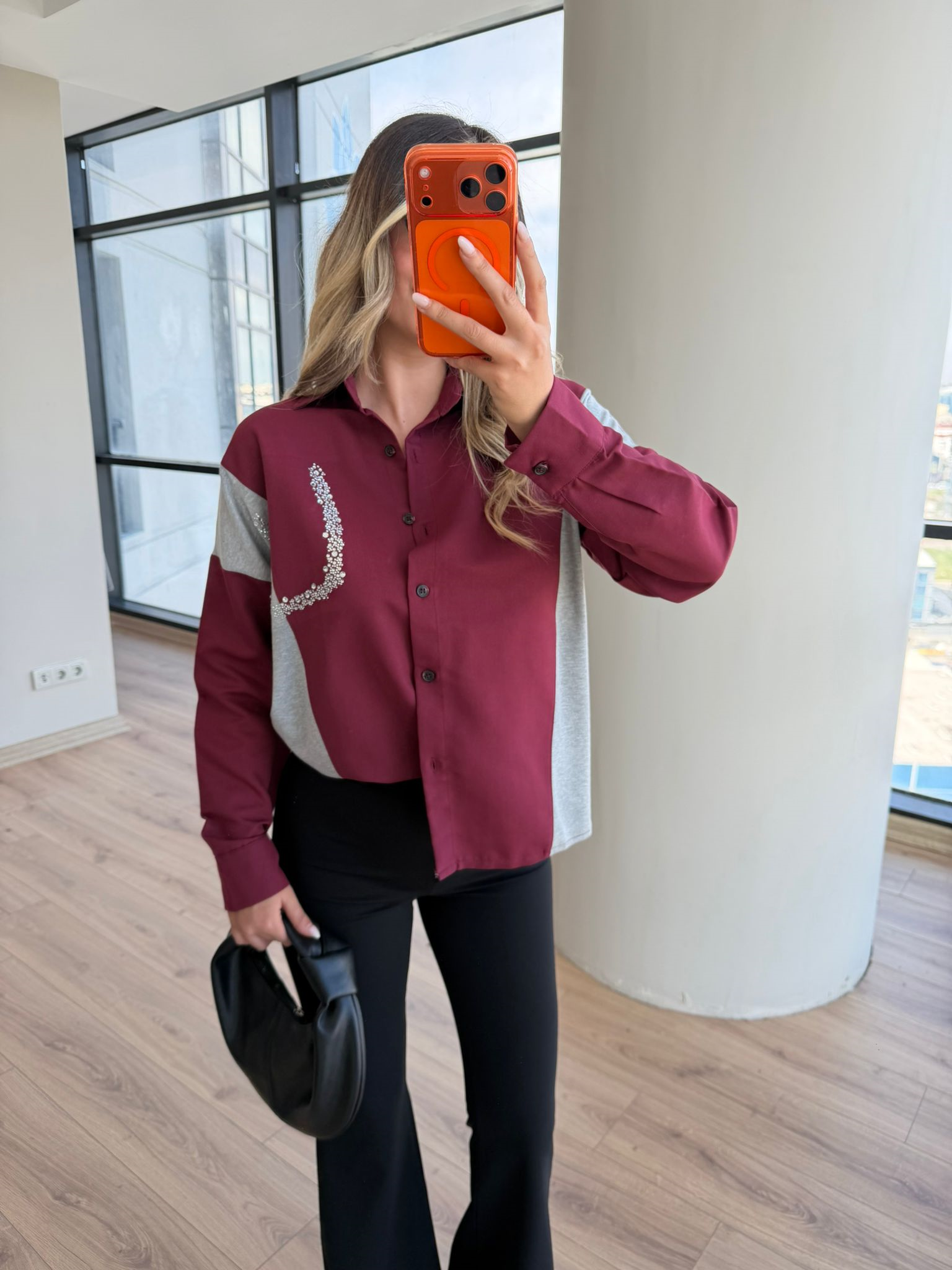 Bordo Gri Garnili Taşlı Gömlek