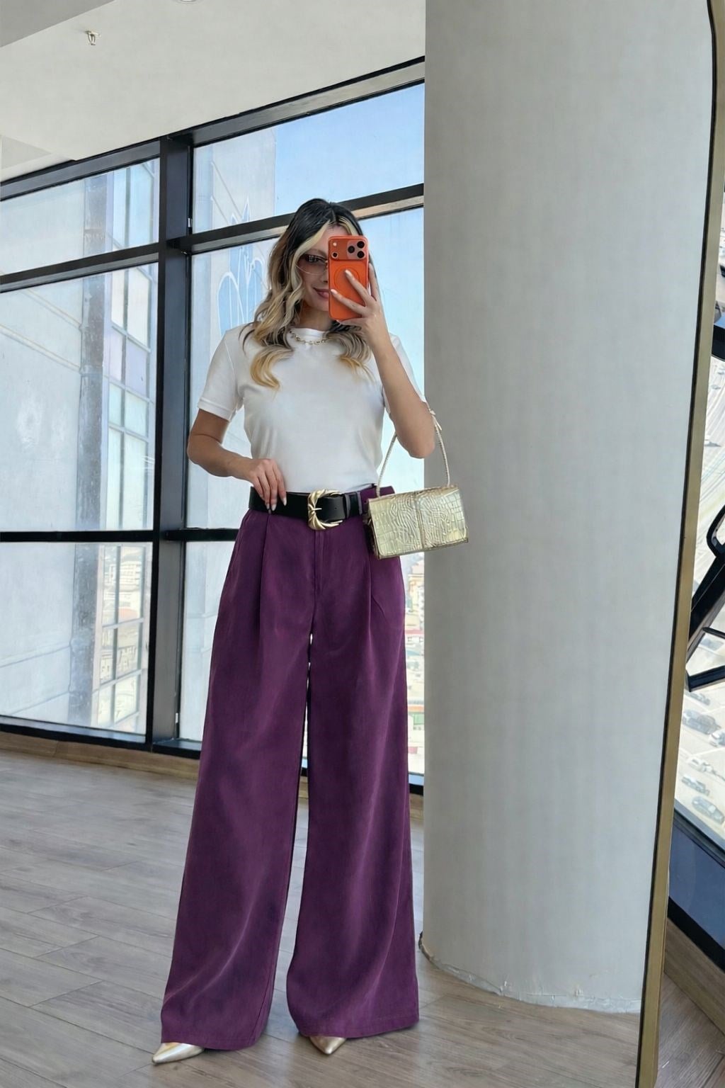 Yüksek Bel Fuşya Dökümlü Kumaş Pantolon 