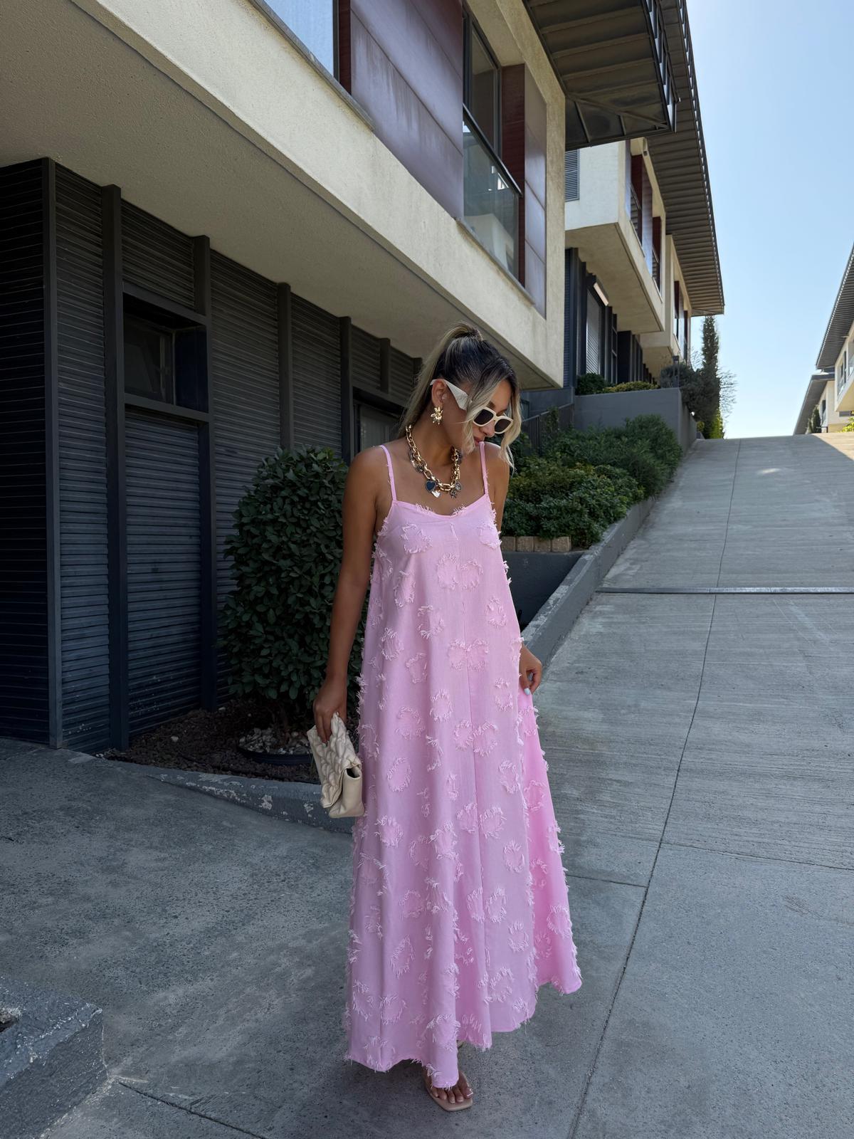 Kabartma Püskül Vual Askılı Elbise Pembe