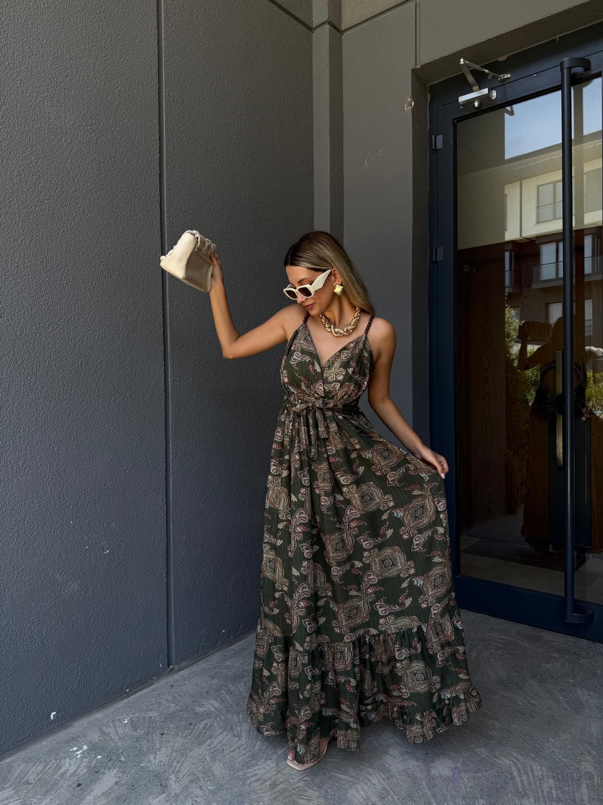 Oltida Şal Desen Yeşil İp Askı Elbise