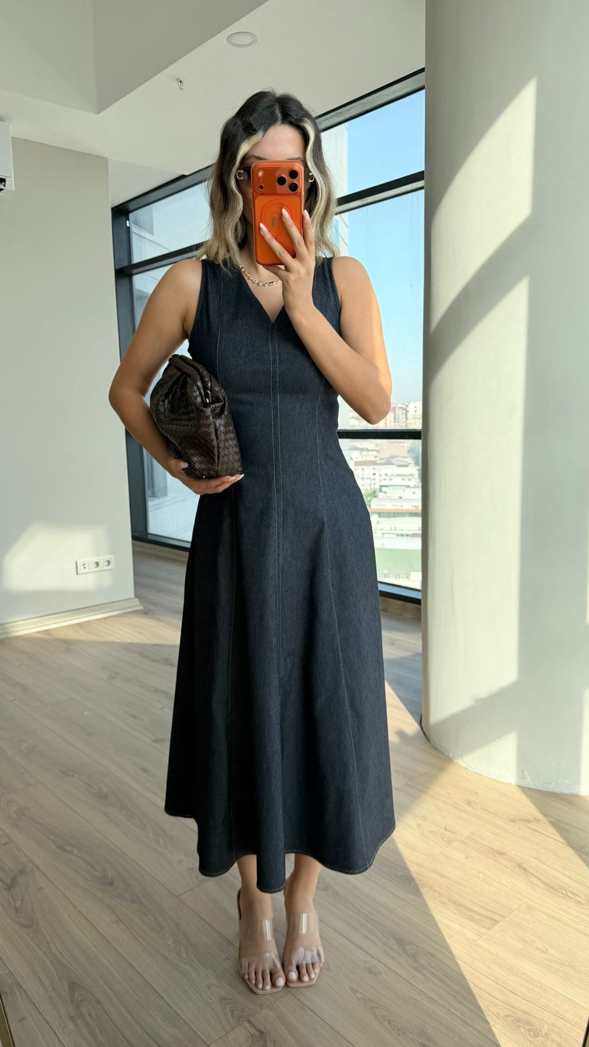 Odette Soft Denim V Yaka Elbise
