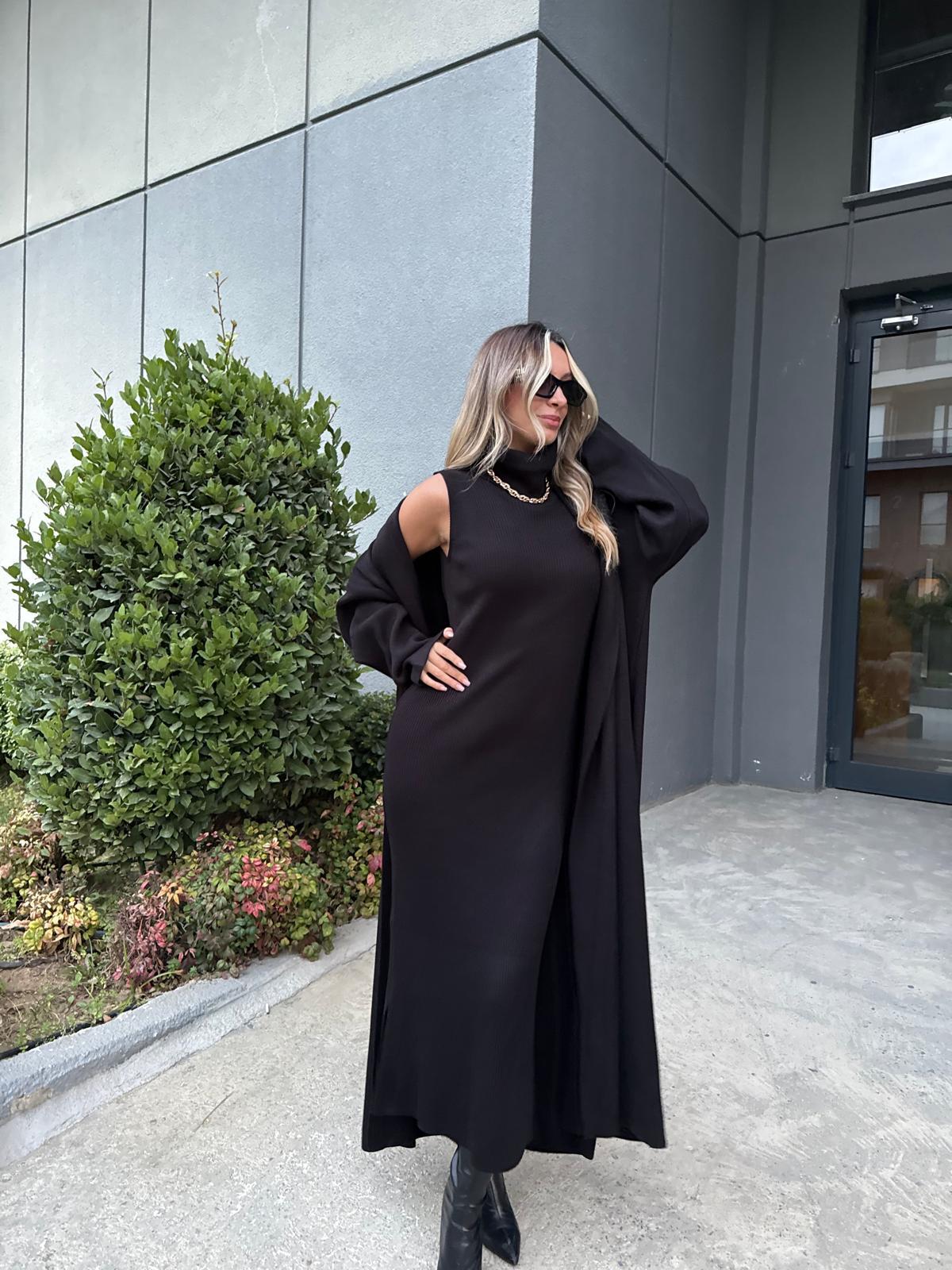 Dora Triko Elbise Hırka Takım Siyah