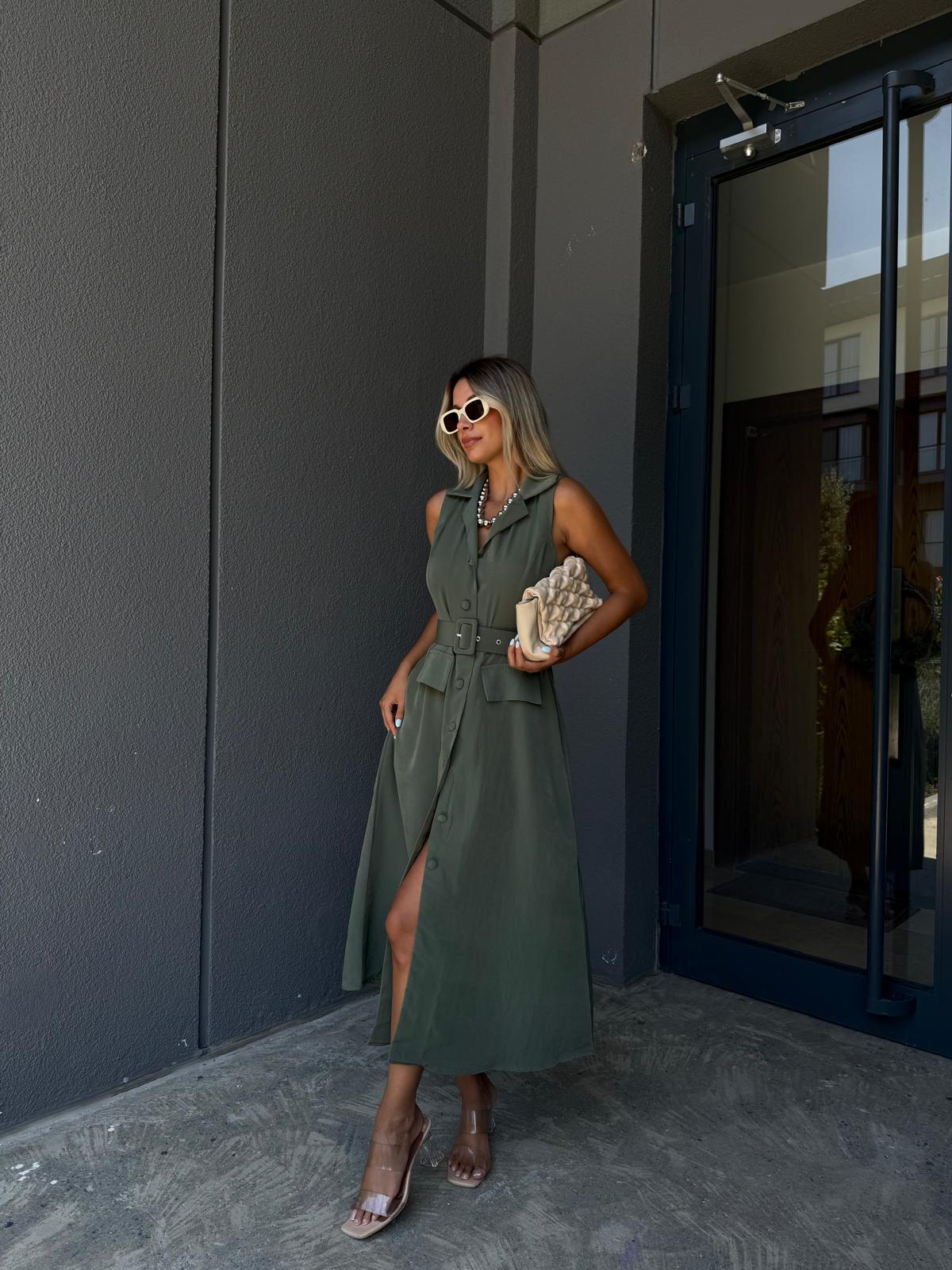 Maria Tensel Kumaş Kemerli Elbise Yeşil