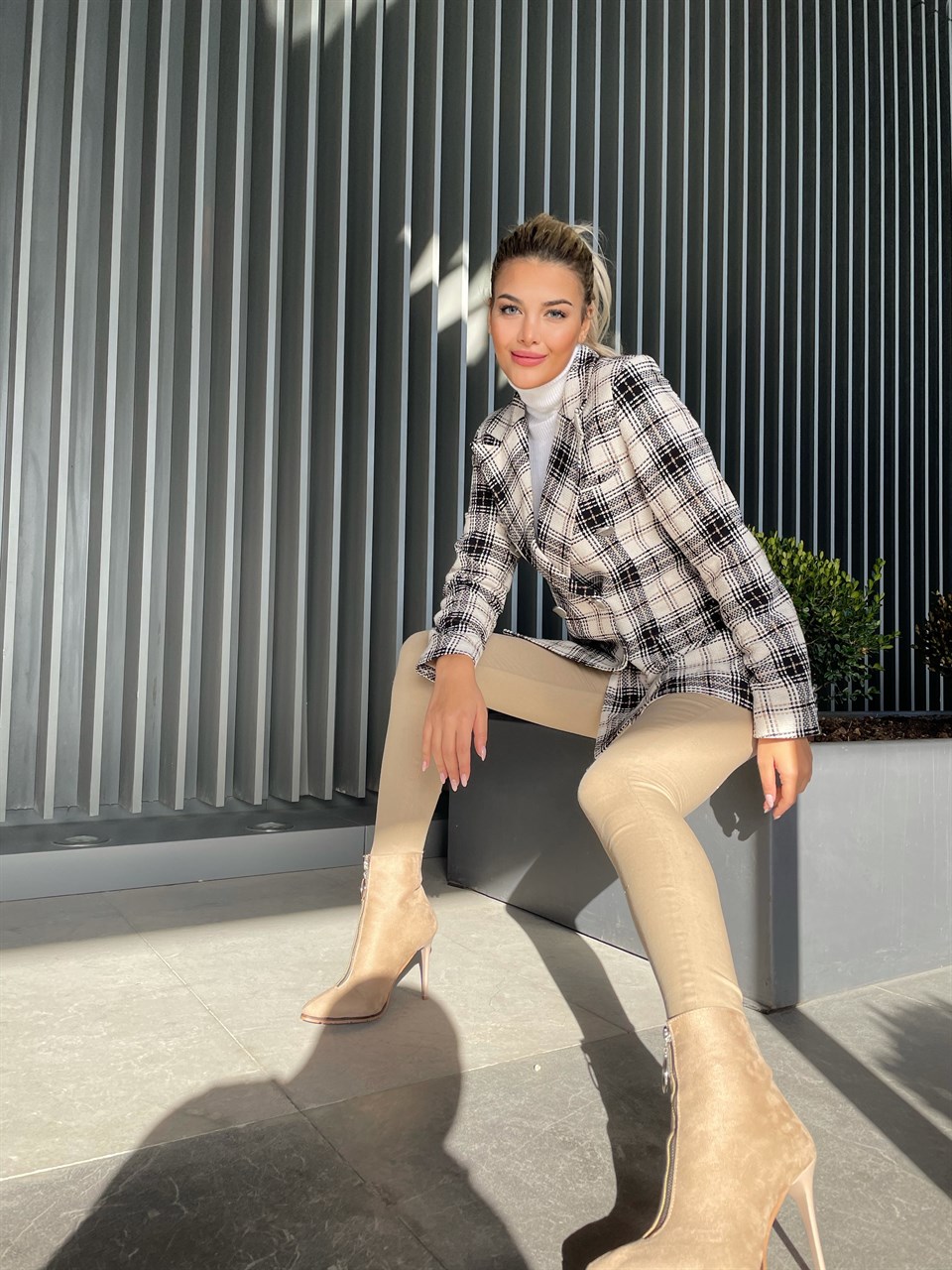 Ekose Düğme Detay Blazer Ceket