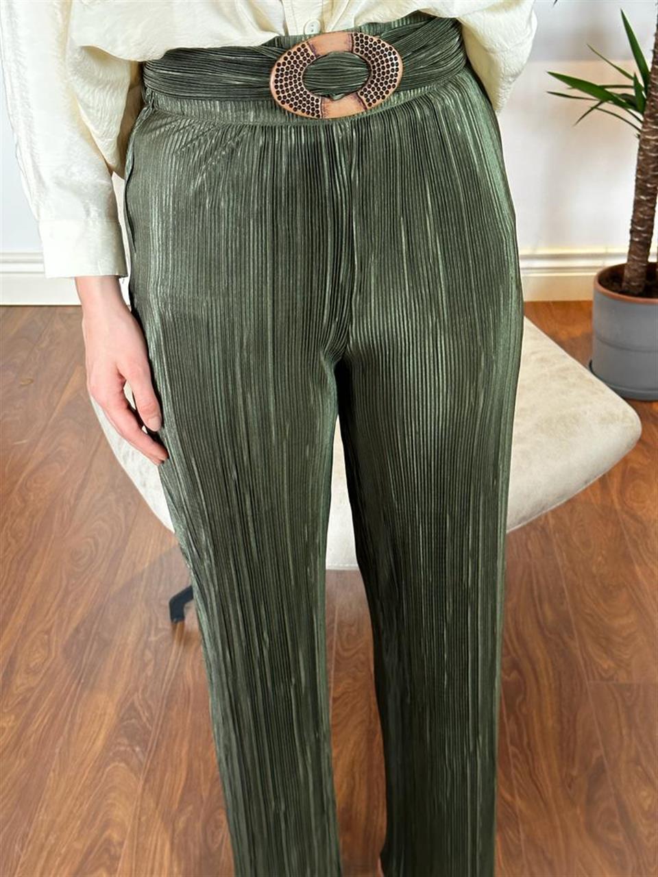 Elips Kemerli Kahve Yeşil Pantolon 230238