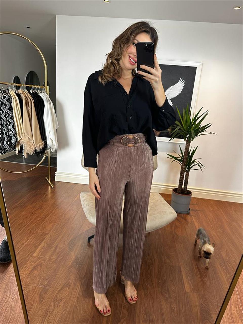 Elips Kemerli Yeşil Piliseli Pantolon 230238