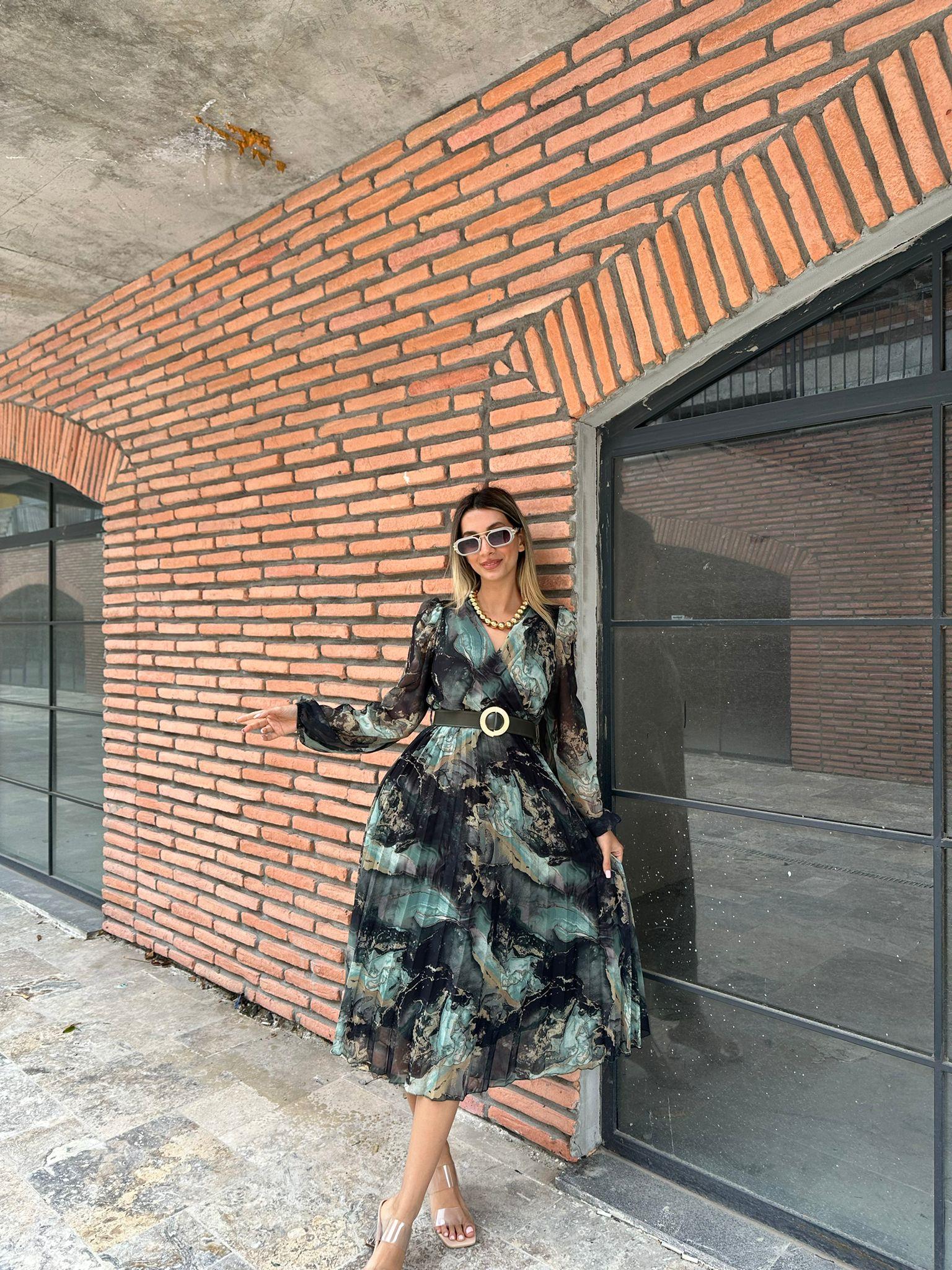 Elroy Kemerli Şifon Elbise Yeşil 07062148