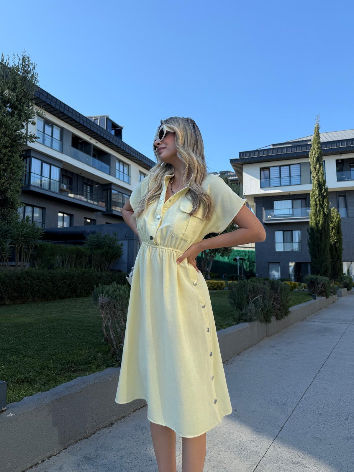 Eteği Çıtçıtlı Keten Elbise Açık Sarıyelb3004ent