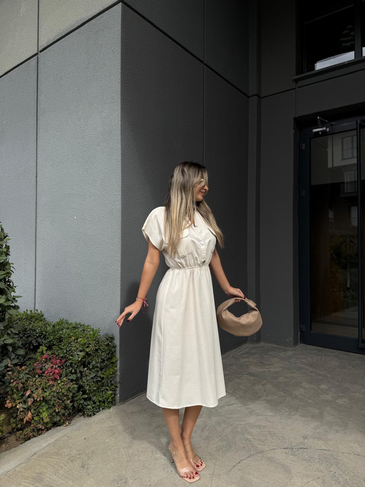 Eteği Çıtçıtlı Keten Elbise Taşyelb3004ent