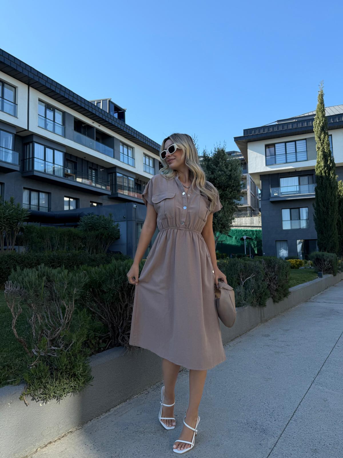 Eteği Çıtçıtlı Keten Elbise Vizonyelb3004ent