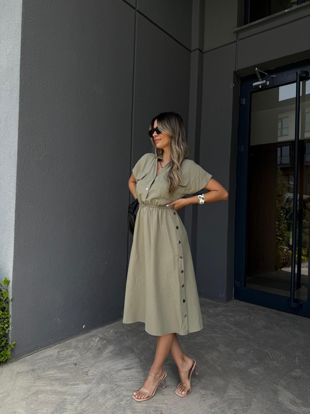 Eteği Çıtçıtlı Keten Elbise Yeşilyelb3004ent