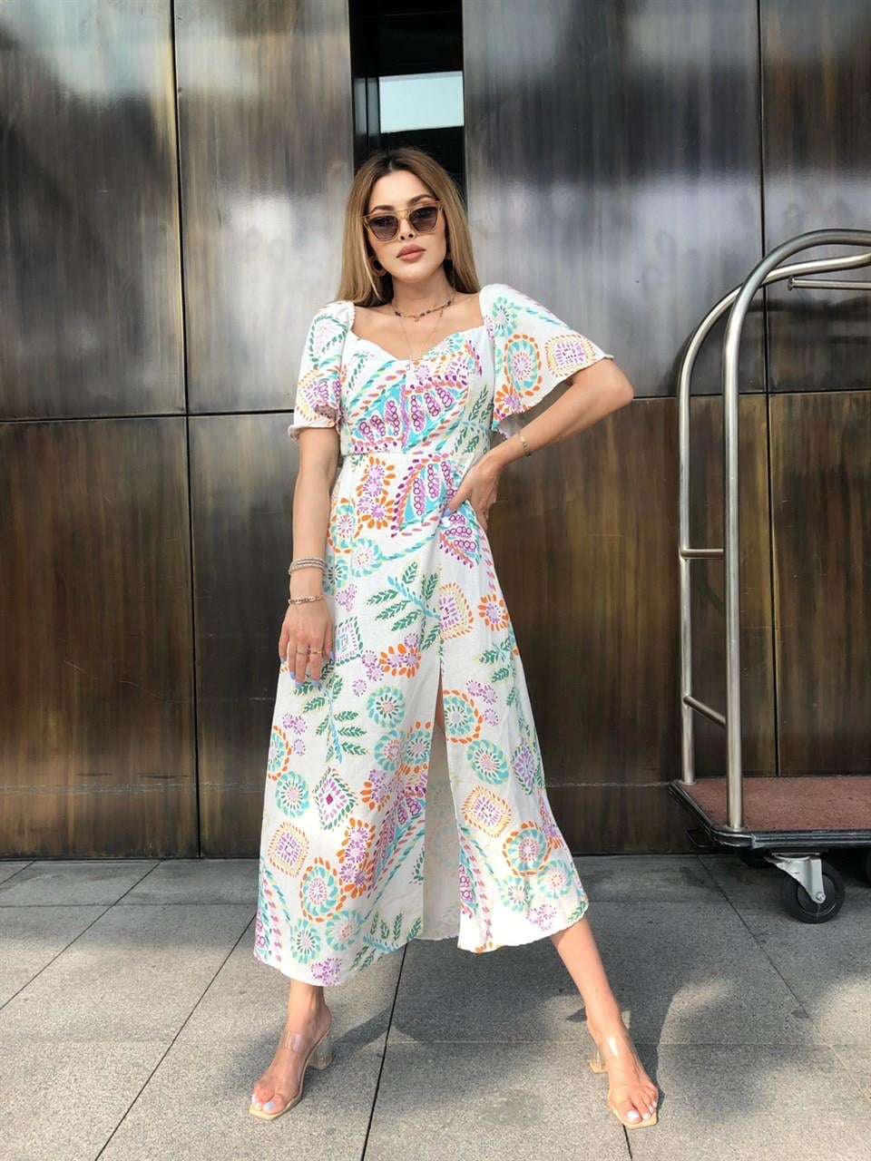 Etnik Desen Kroseçli Keten Elbise