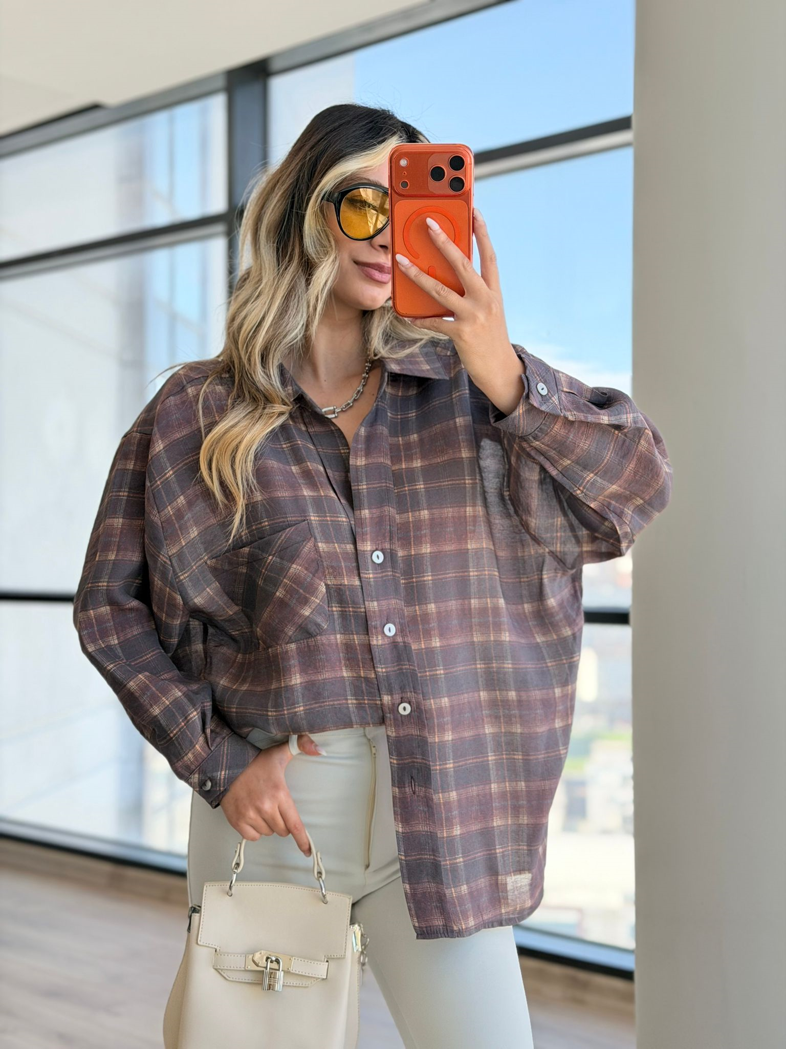 Oversize Ekose Kahve Gömlek 