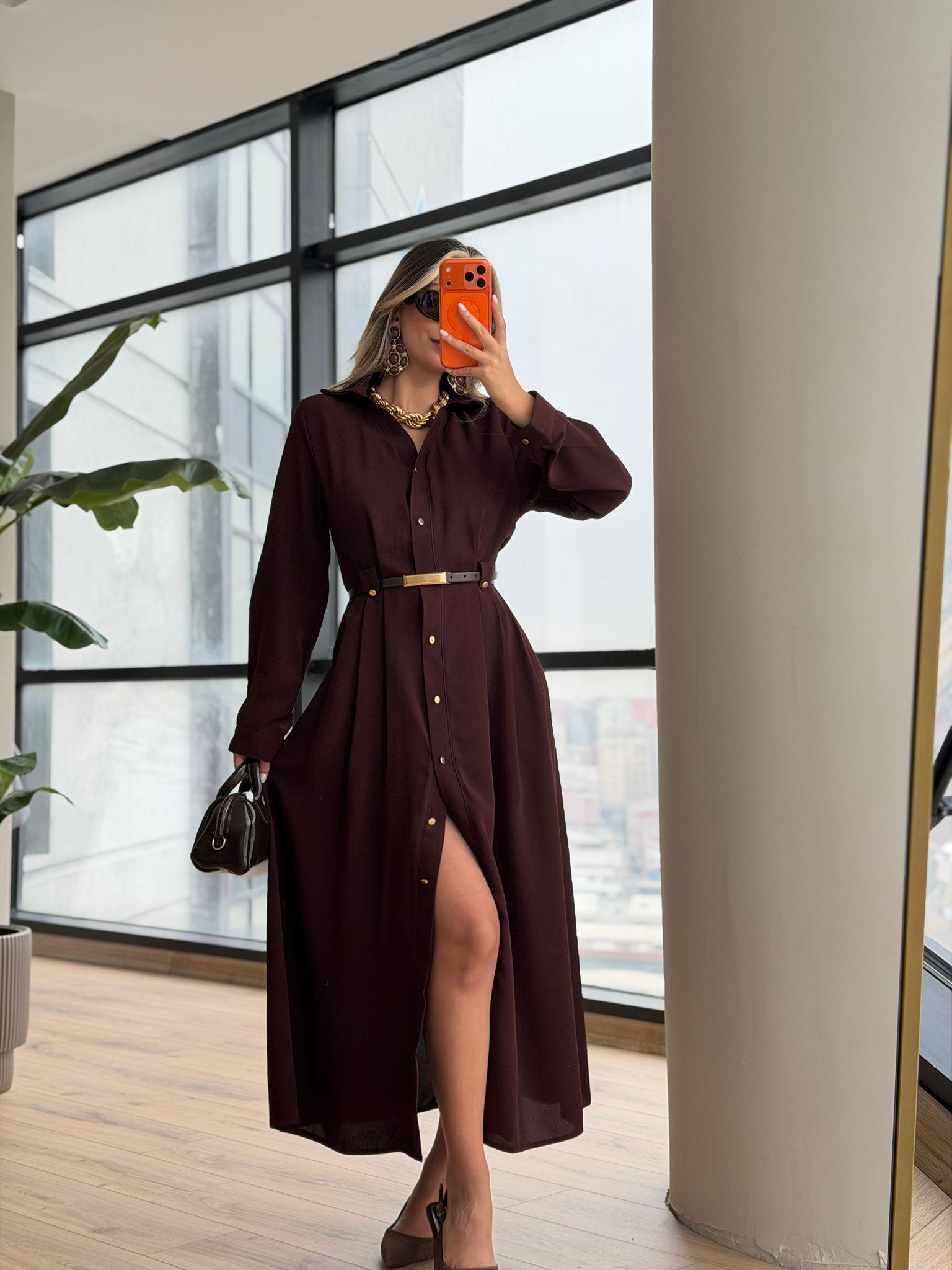 Naxt Gold Düğmeli Üç Pensli Kemerli Gömlek Elbise