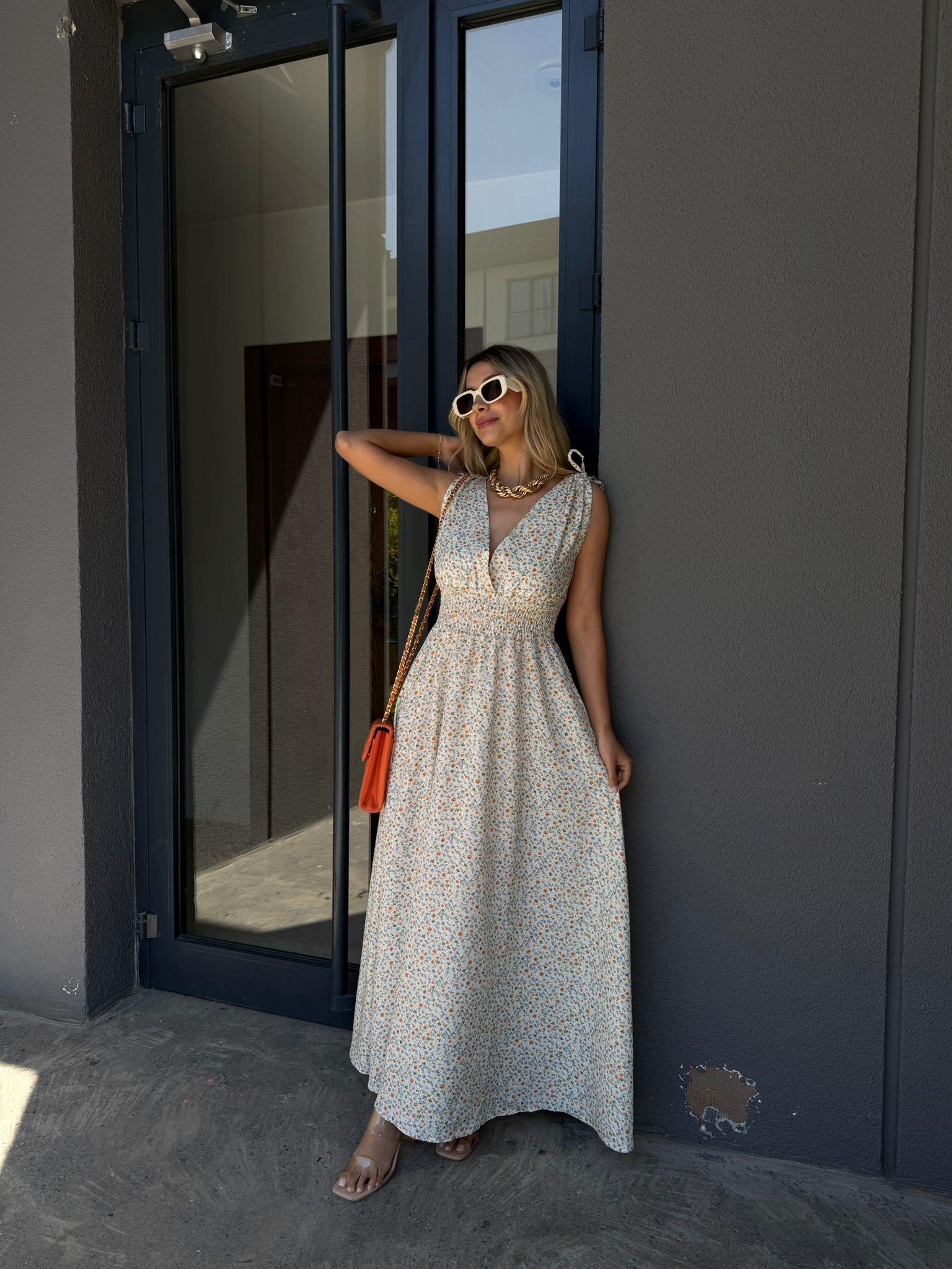 Omuz İp Bağlamalı Gipeli Çiçekli Elbise