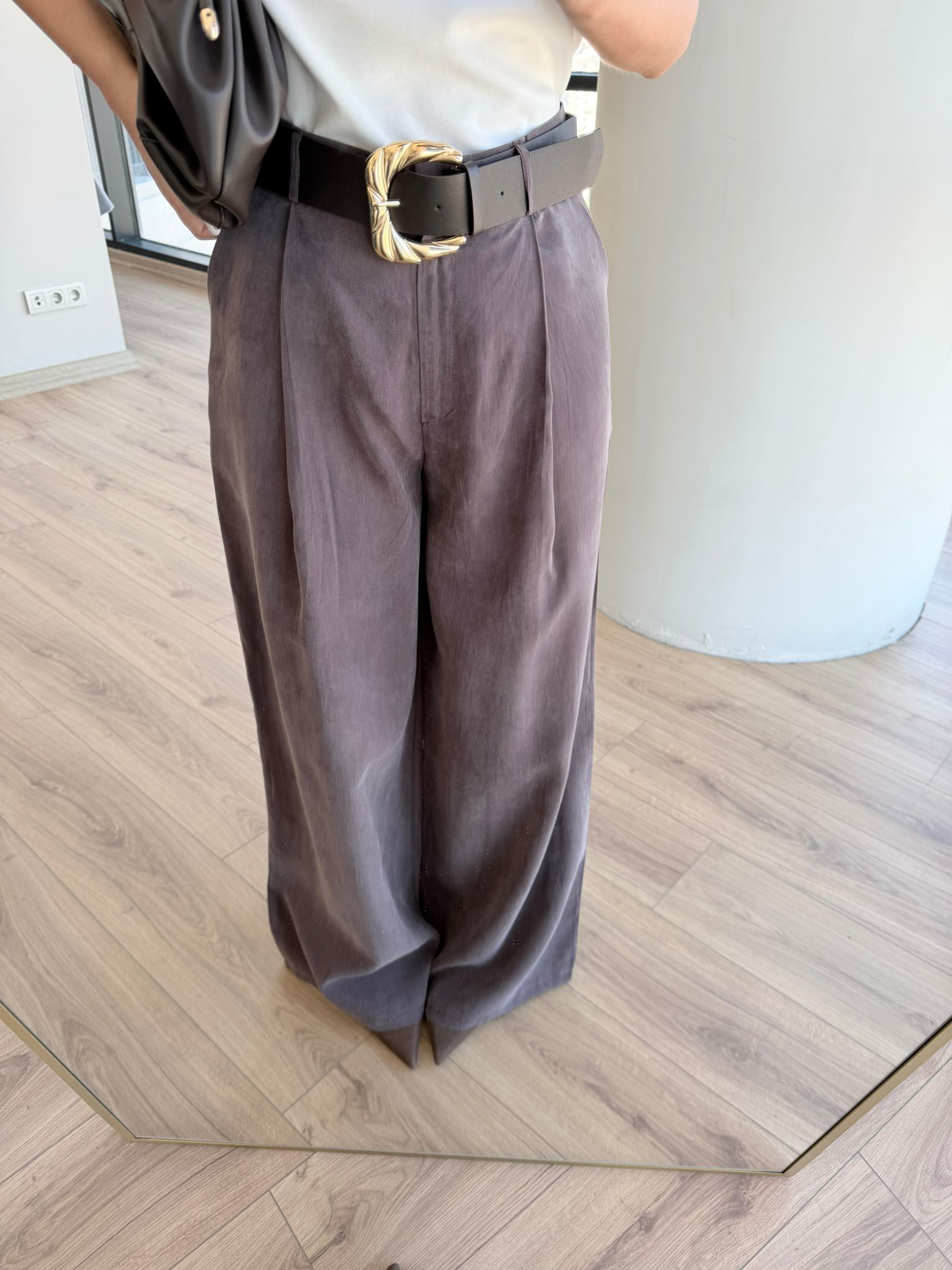 Yüksek Bel Mürdüm Dökümlü Kumaş Pantolon 