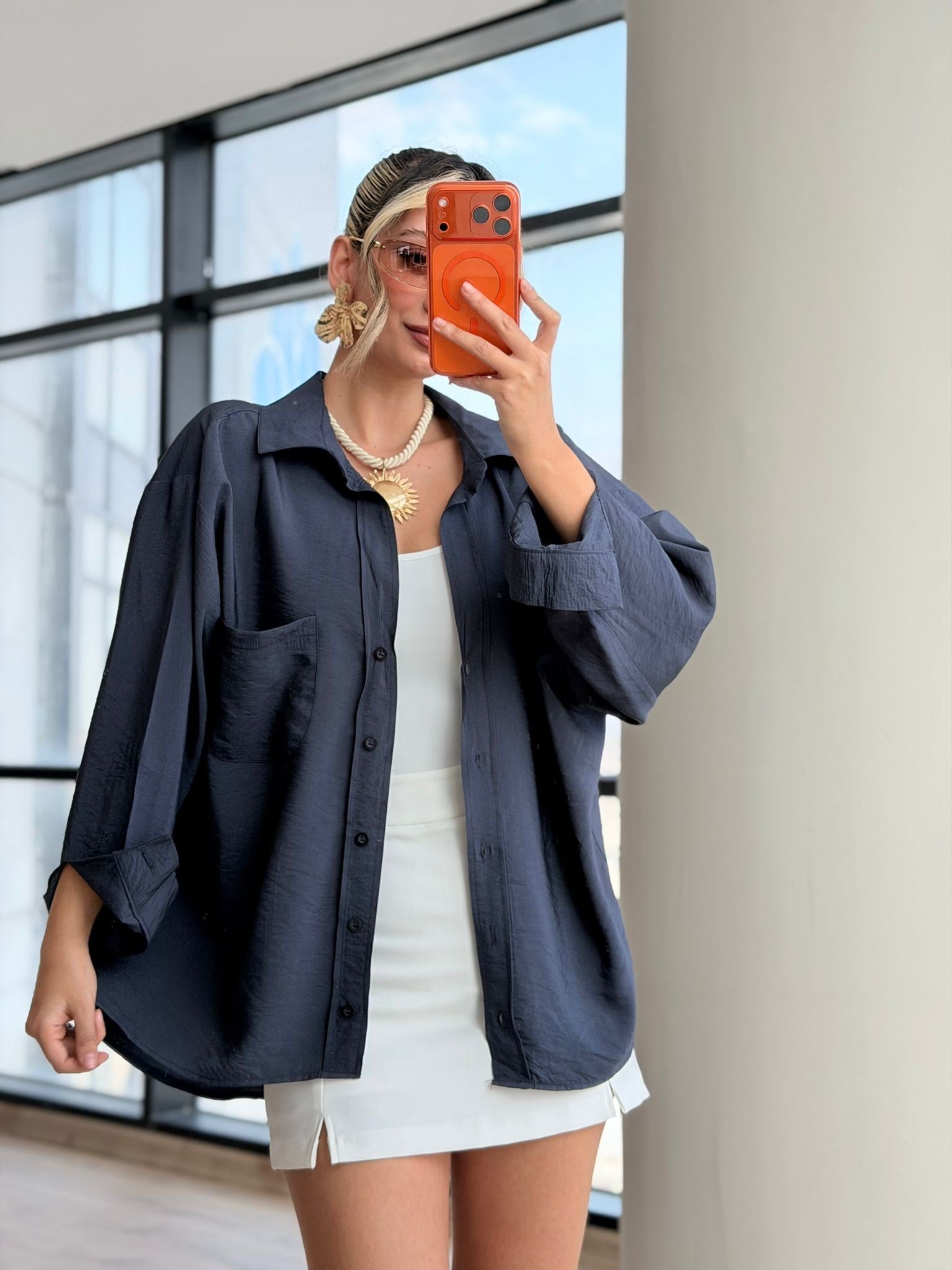 Mass Orijinal Etiketli Premium Oversize Lacivert Kadın Gömlek