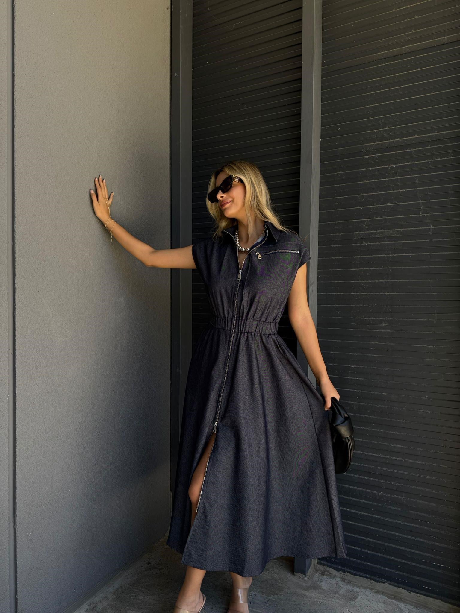 Kirev Fermuar Detaylı Yıkamalı Elbise