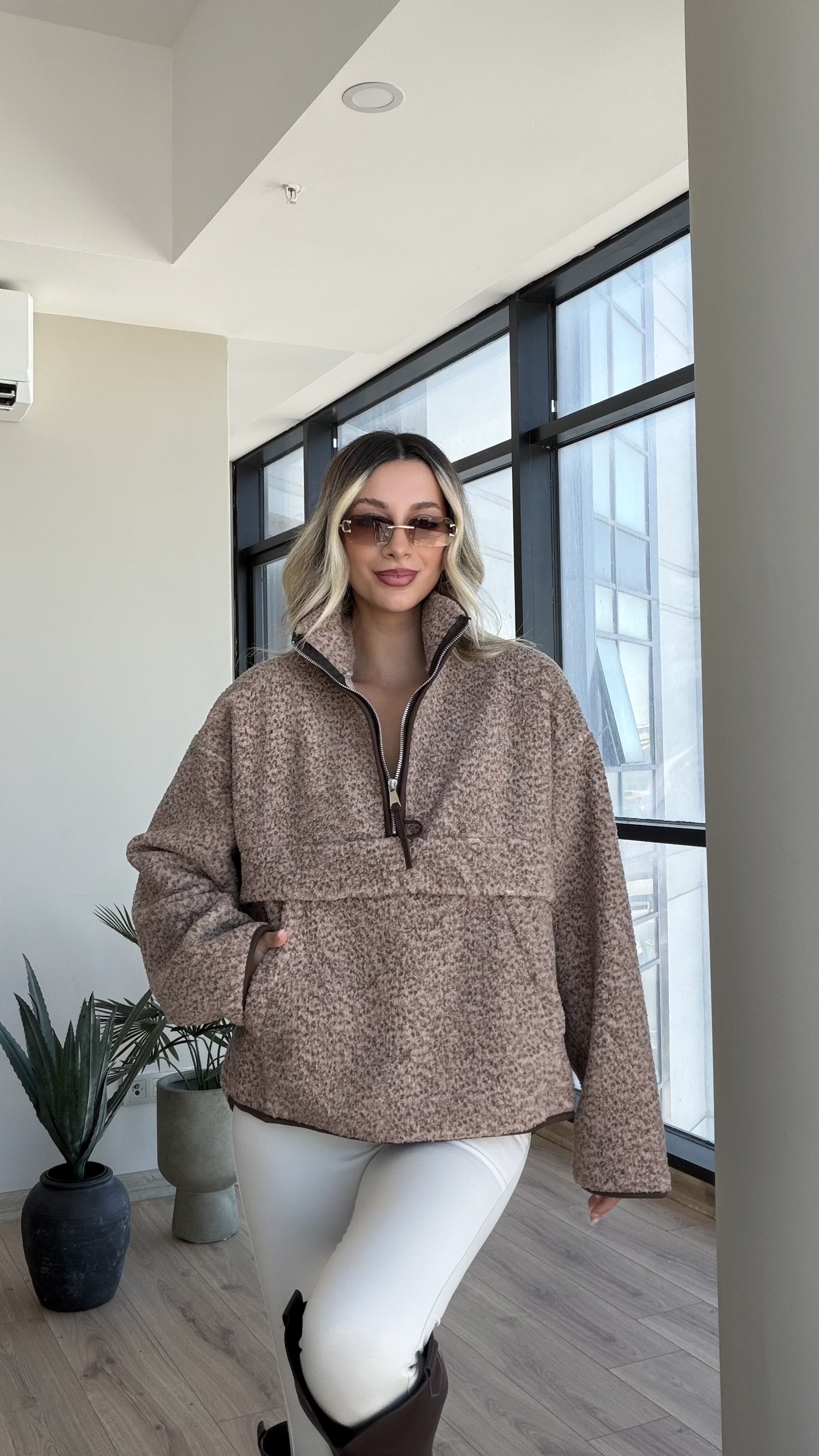 Peluş Teddy Kanguru Polar Sweat Koyu Vizon