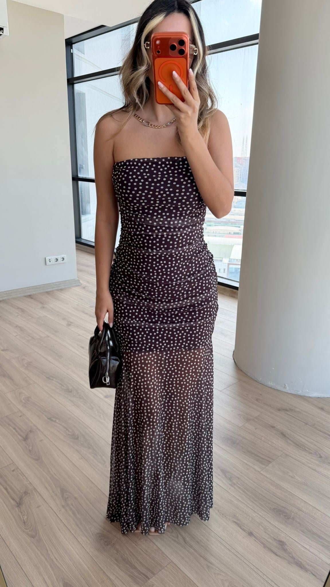 Straplez Puantiyeli Tül Elbise Kahverengi